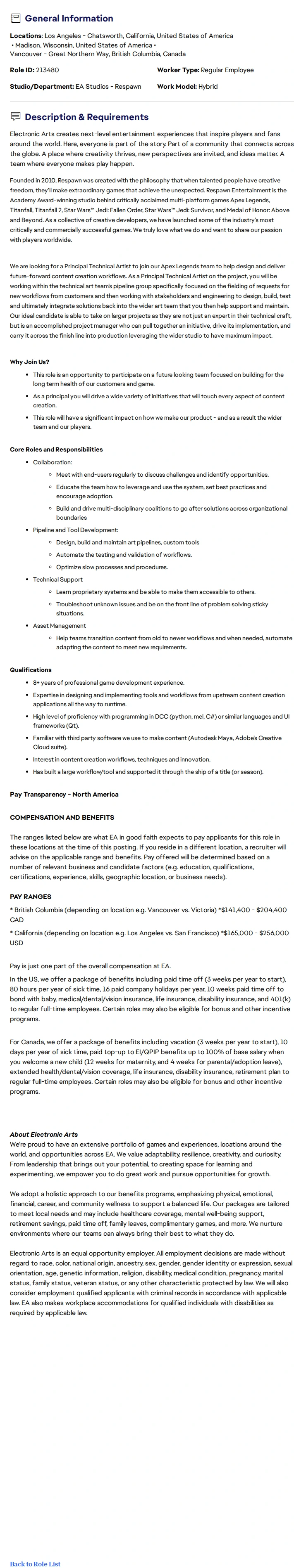 ElectronicArts Principal Technical Artist - Tools (Apex Legends) 채용공고