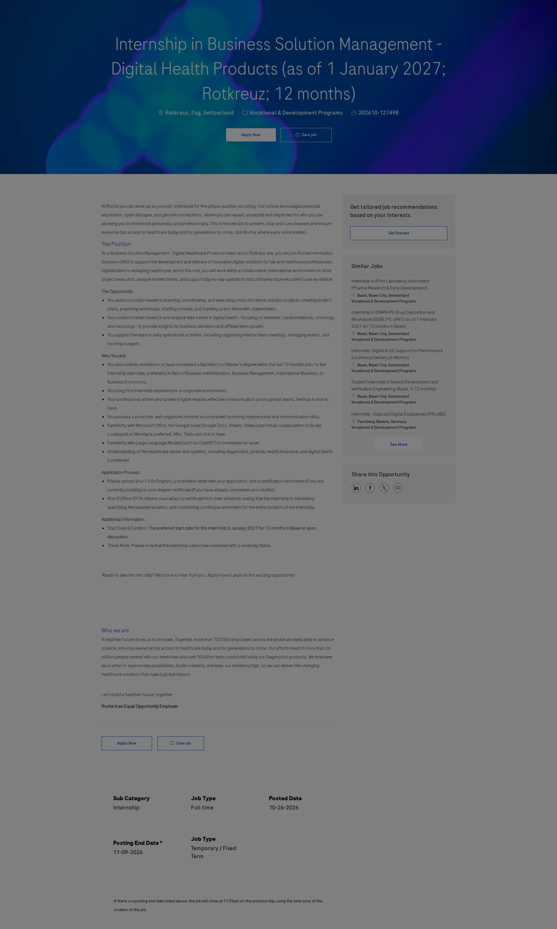 로슈 Internship in Business Solution Management - Digital Health Products (as of 1 January 2027; Rotkreuz; 12 months) 채용공고
