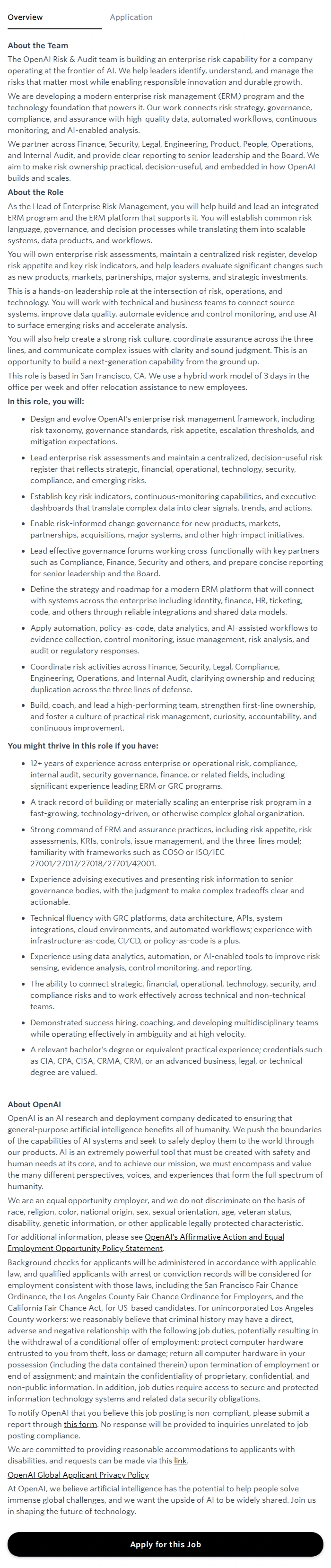 오픈에이아이(OpenAI) Head of Enterprise Risk Management 채용공고