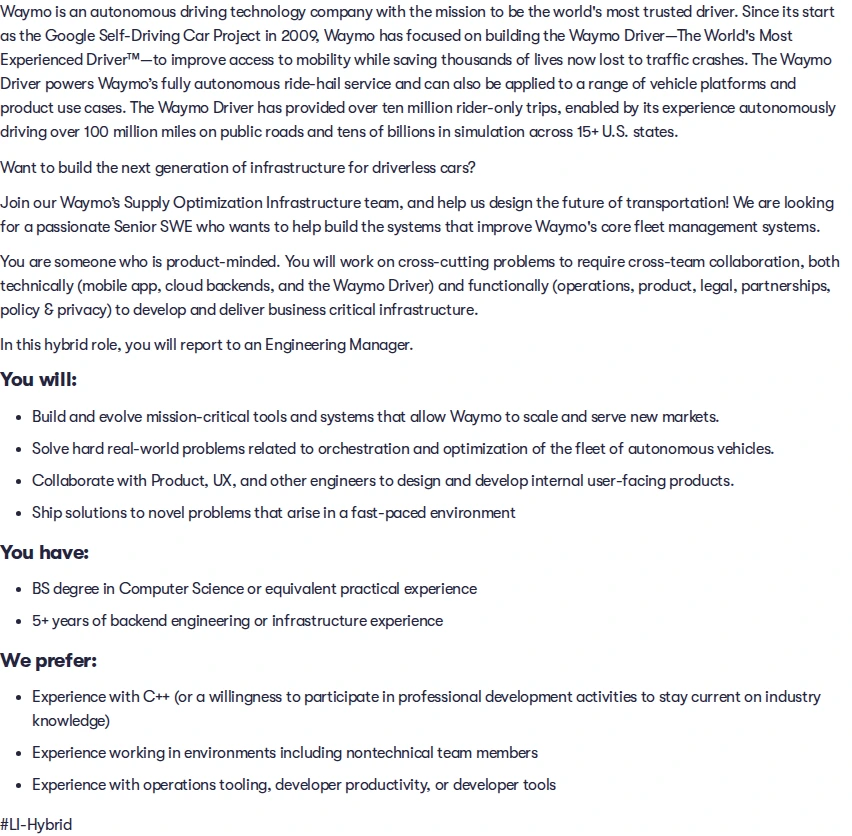 웨이모 Senior Software Engineer, Supply Infrastructure 채용공고