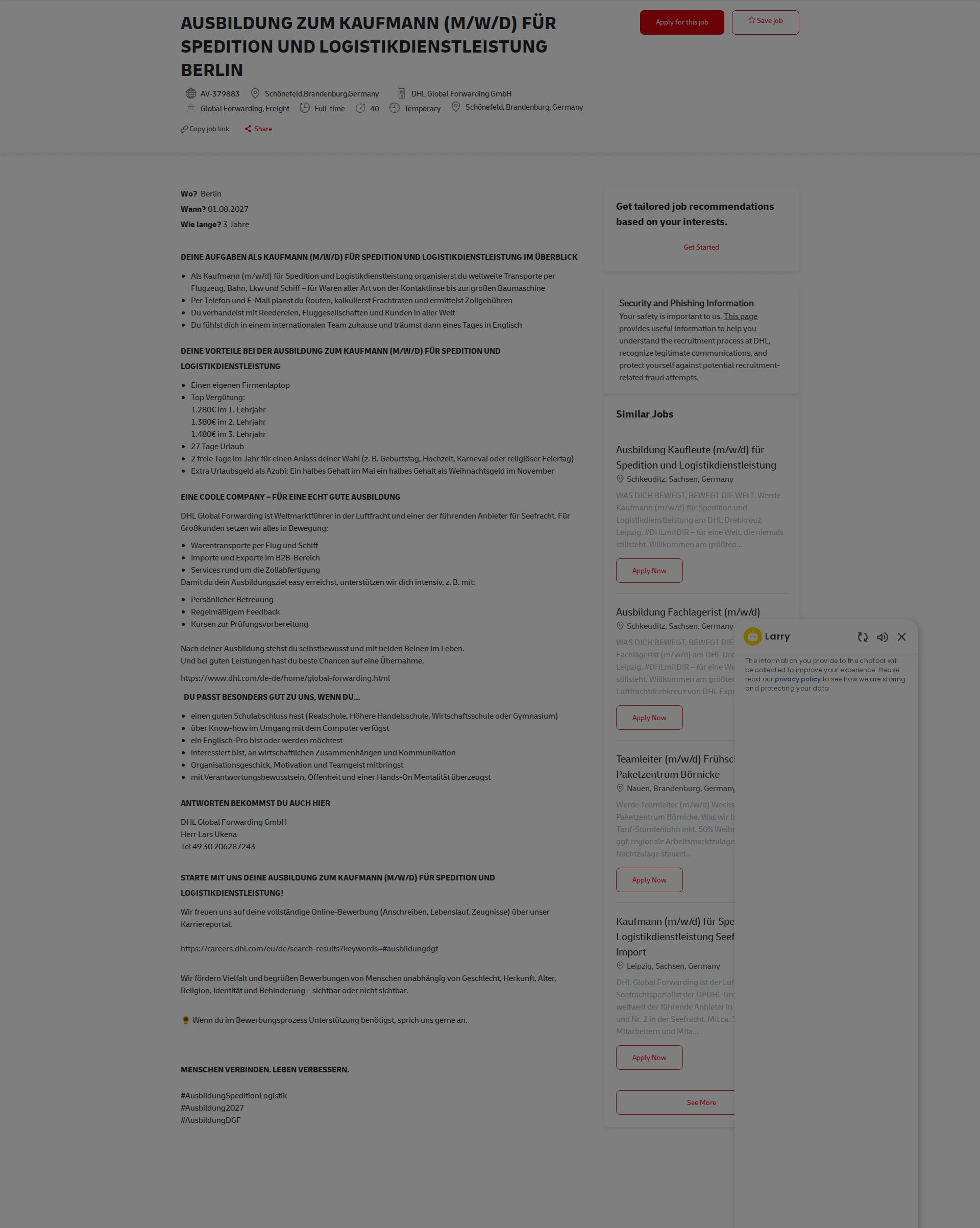 DHL AUSBILDUNG ZUM KAUFMANN (M/W/D) FÜR SPEDITION UND LOGISTIKDIENSTLEISTUNG BERLIN 채용공고