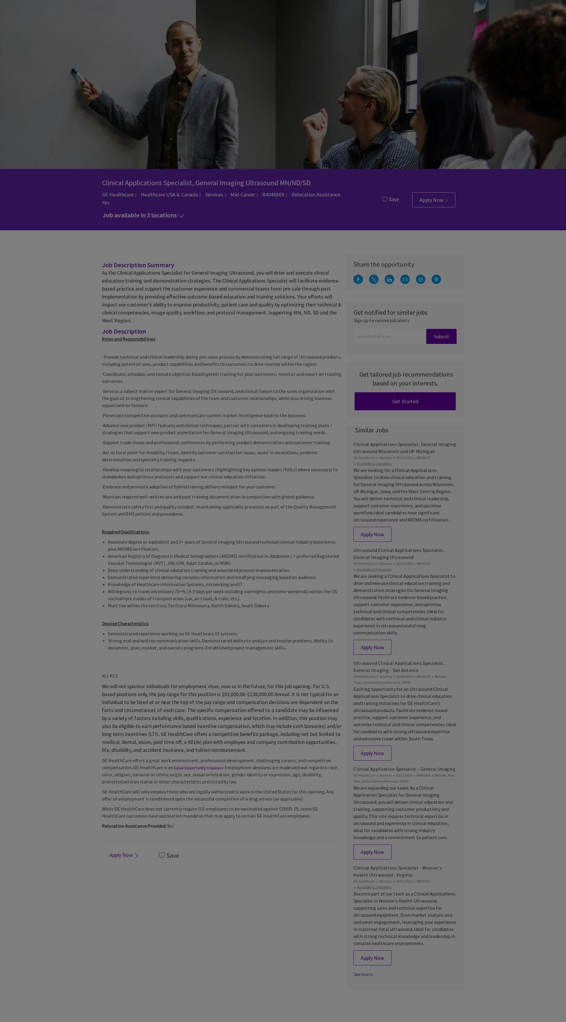 GE헬스케어 Clinical Applications Specialist, General Imaging Ultrasound MN/ND/SD 채용공고