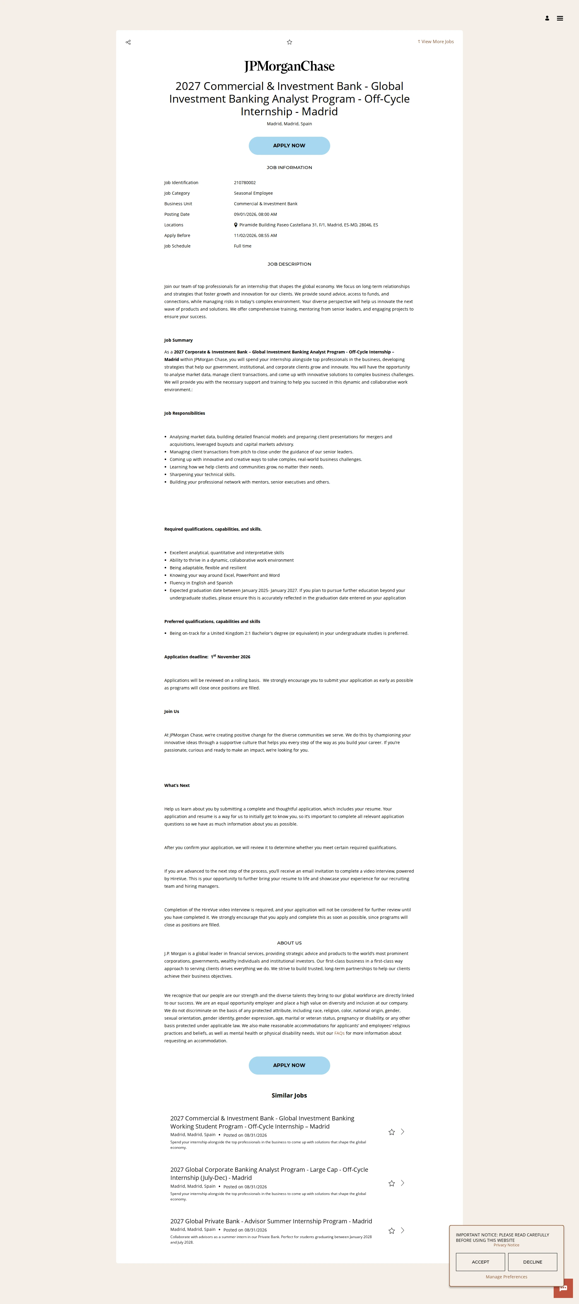 JPMorganChase 2027 Commercial & Investment Bank - Global Investment Banking Analyst Program - Off-Cycle Internship - Madrid 채용공고
