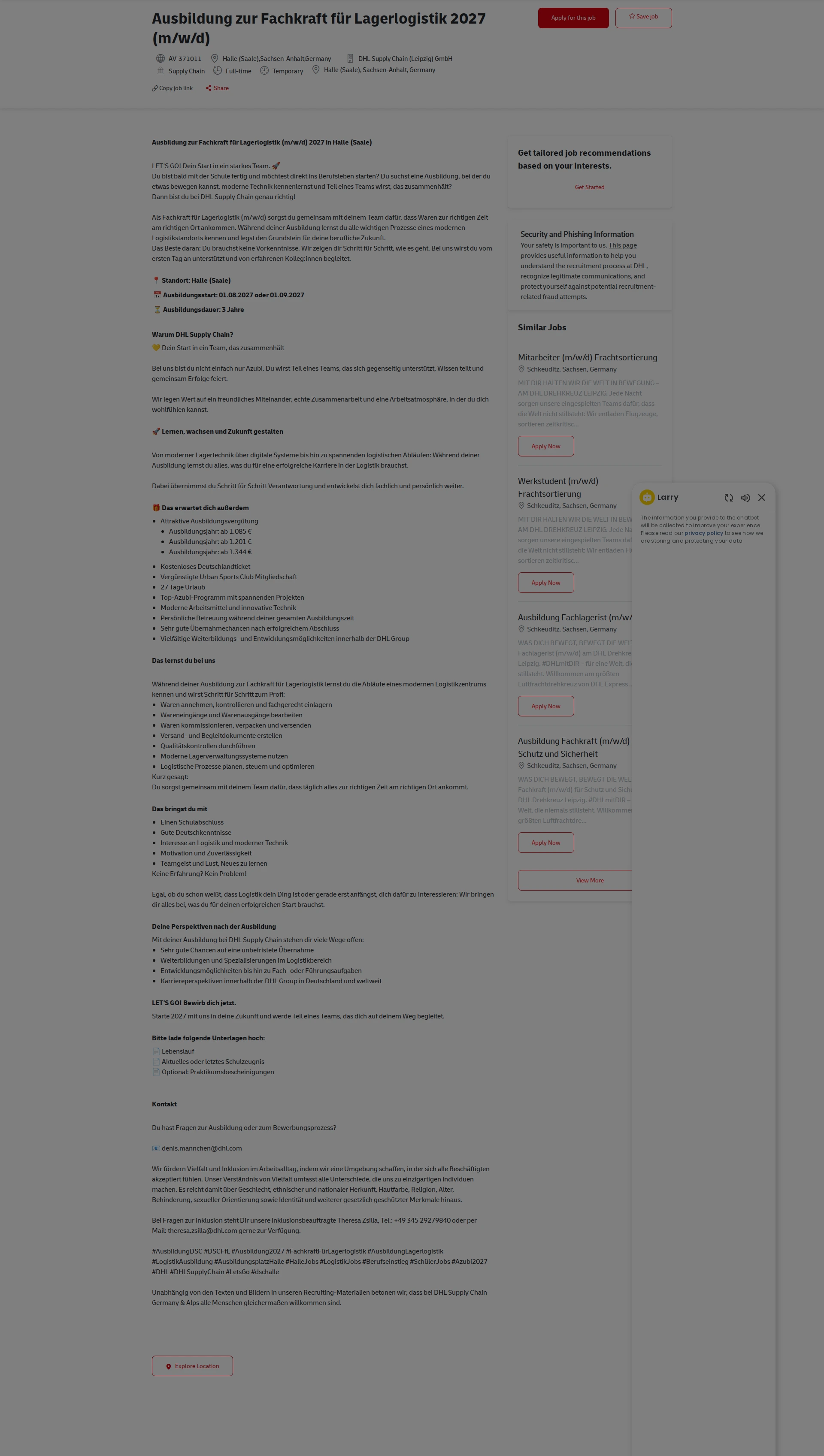 DHL Ausbildung zur Fachkraft für Lagerlogistik 2027 (m/w/d) 채용공고