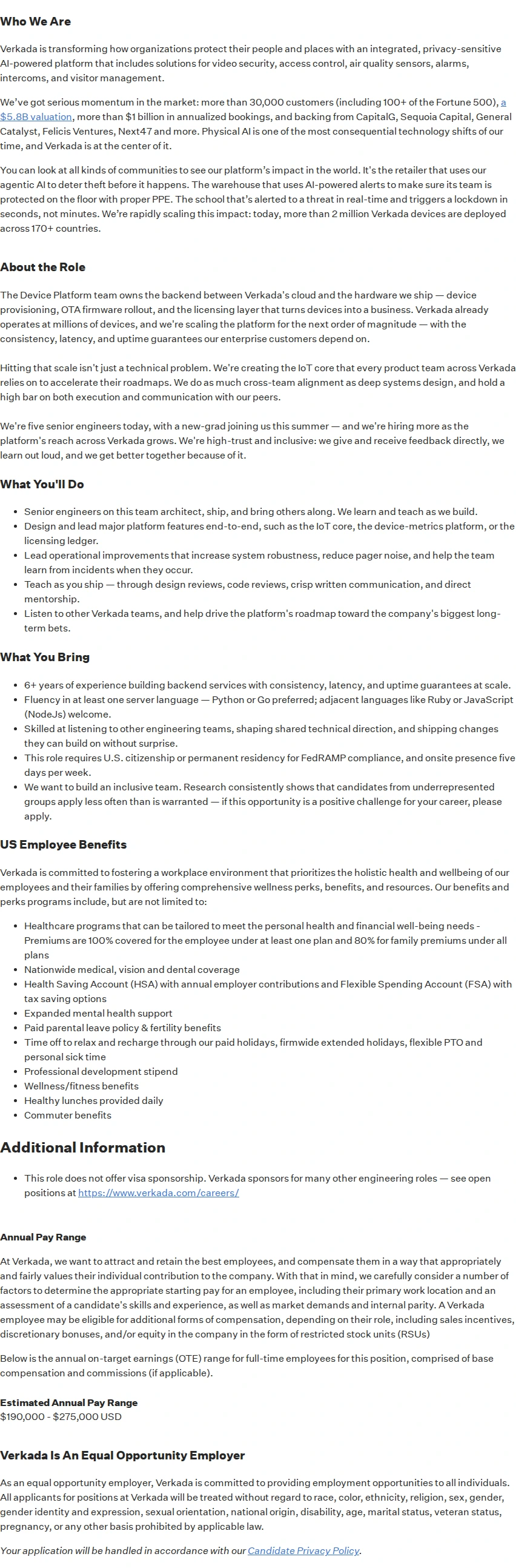 버카다 Senior Backend Engineer - Device Platform 채용공고