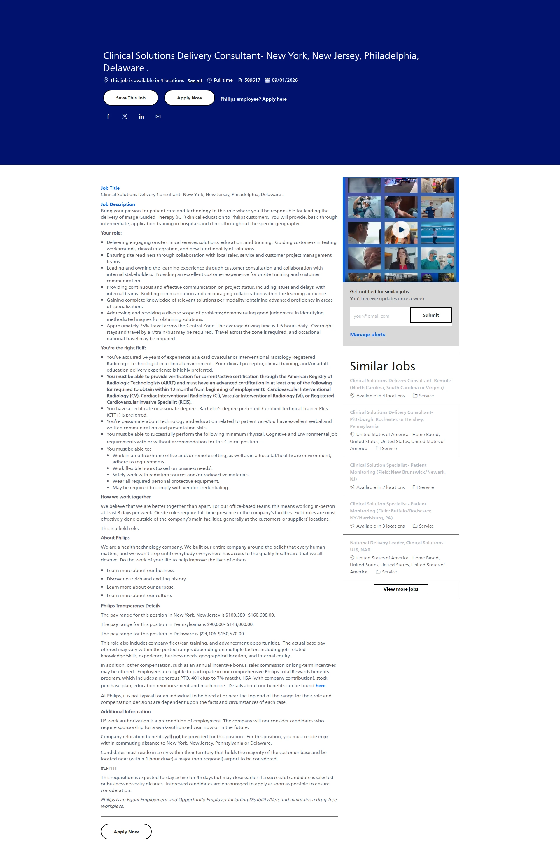 필립스 Clinical Solutions Delivery Consultant- New York, New Jersey, Philadelphia, Delaware . 채용공고