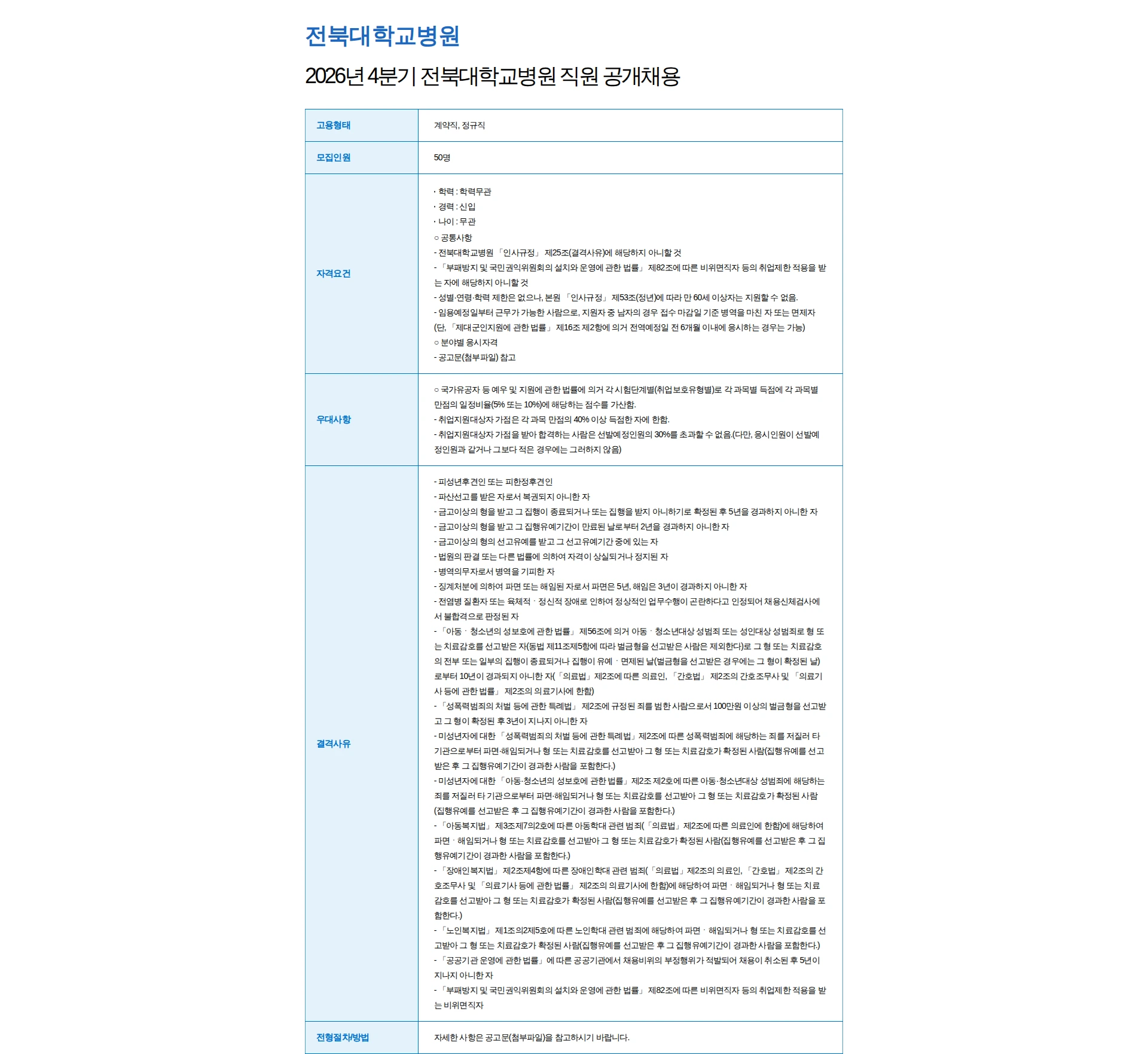 전북대학교병원 2026년 4분기 전북대학교병원 직원 공개채용 채용공고