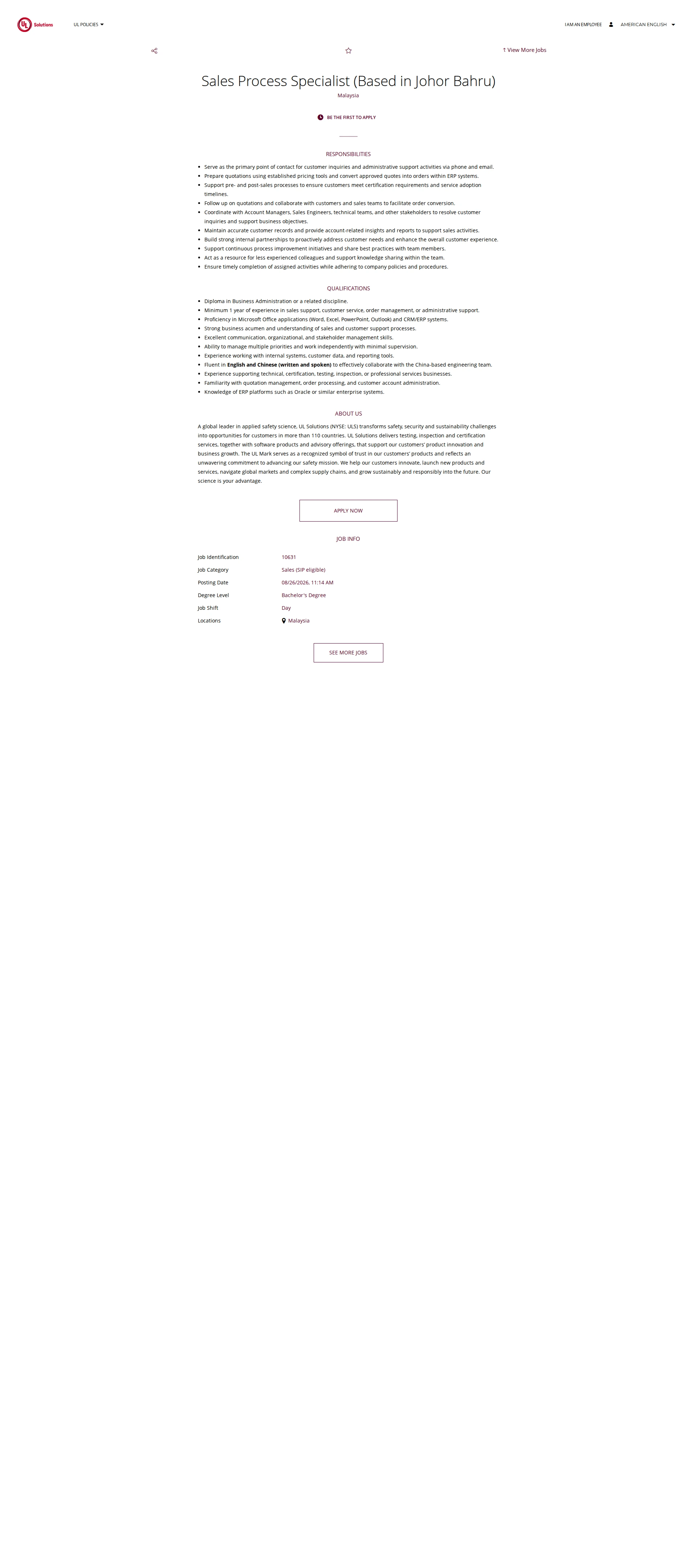 UL Solutions Sales Process Specialist (Based in Johor Bahru) 채용공고