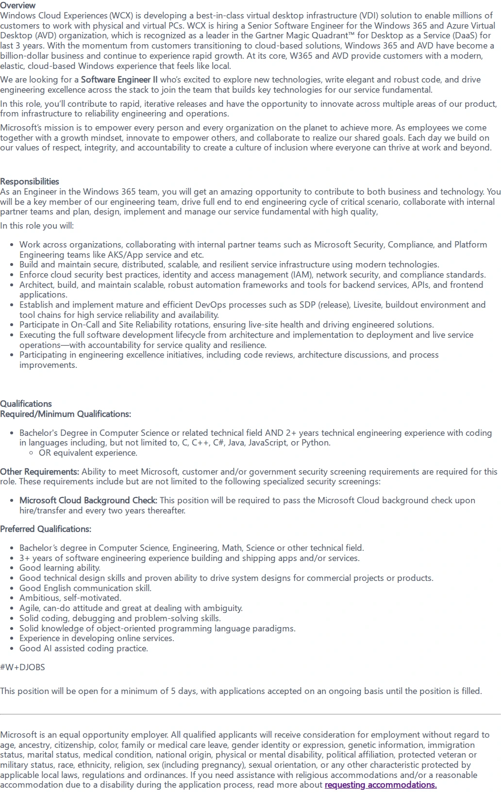 마이크로소프트(Microsoft) Software Engineer II - Windows 365 채용공고