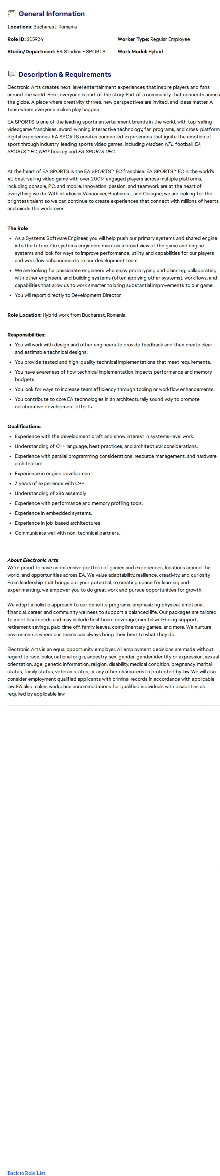 ElectronicArts Systems Software Engineer - EA SPORTS™ FC 채용공고