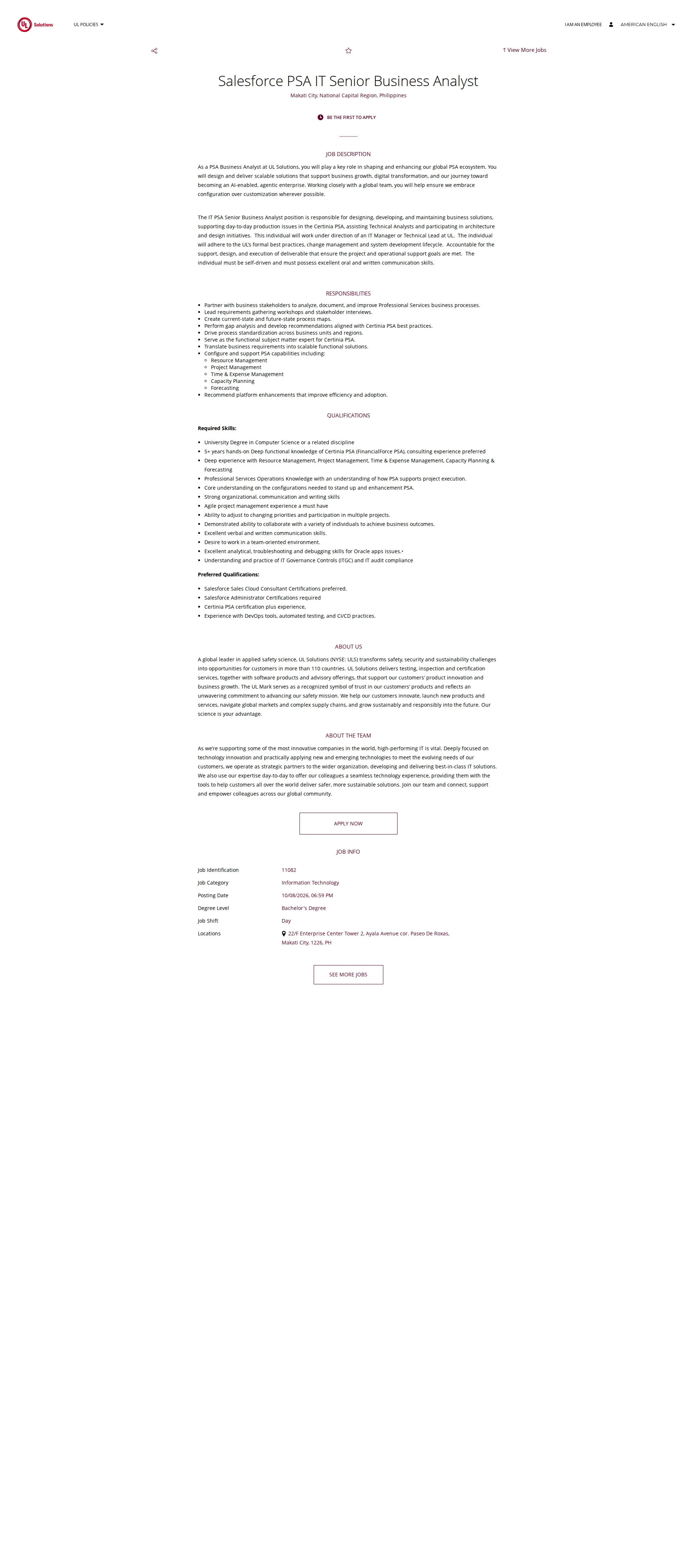 UL Solutions Salesforce PSA IT Senior Business Analyst 채용공고