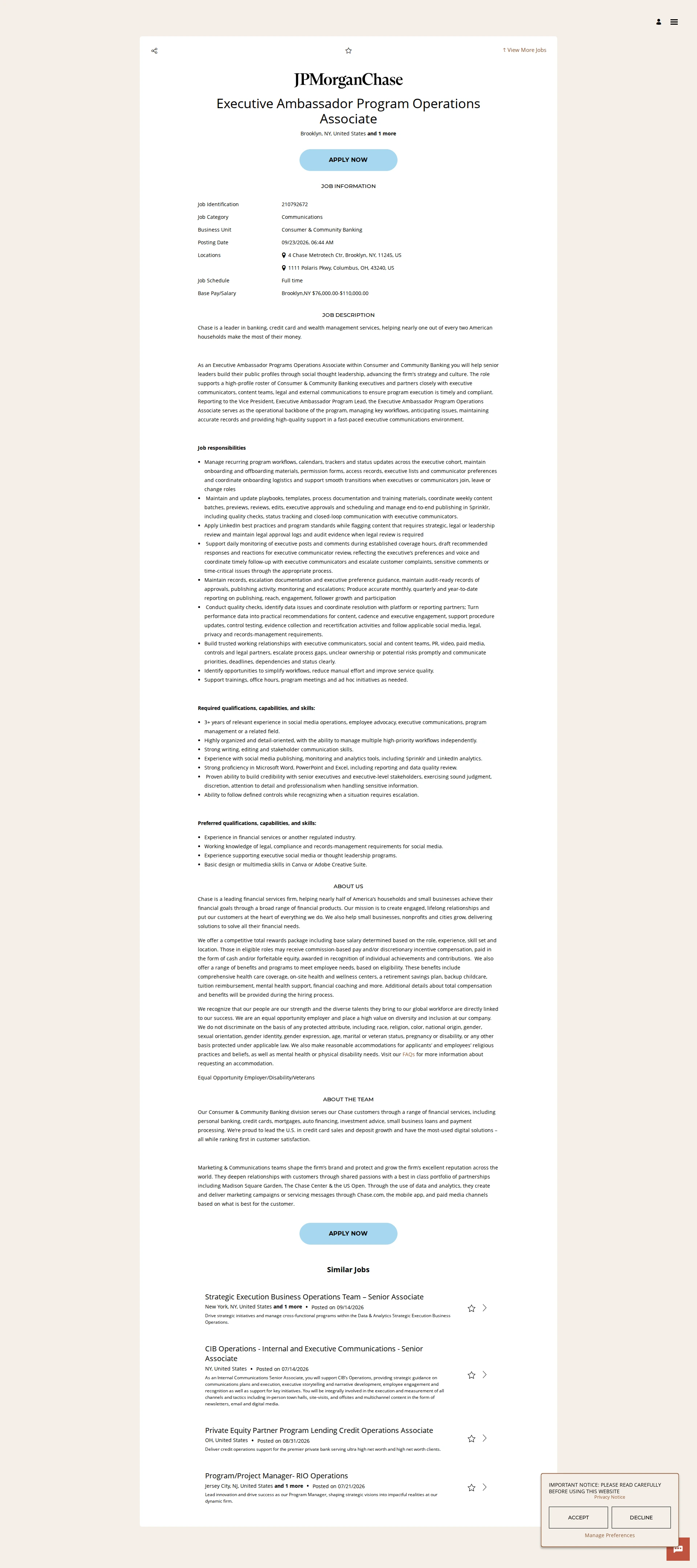 JPMorganChase Executive Ambassador Program Operations Associate 채용공고