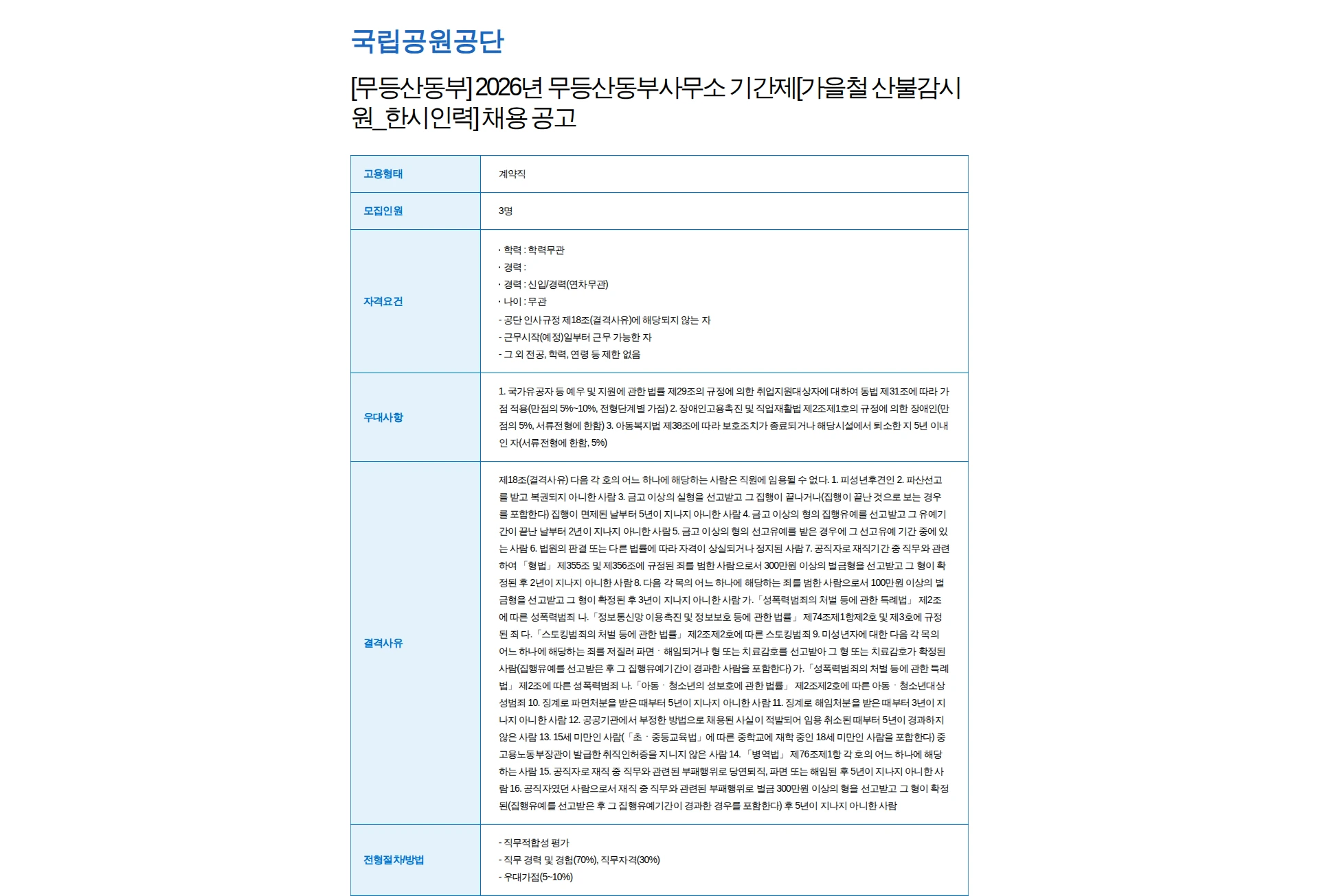 국립공원공단 [무등산동부] 2026년 무등산동부사무소 기간제[가을철 산불감시원_한시인력] 채용 공고 채용공고