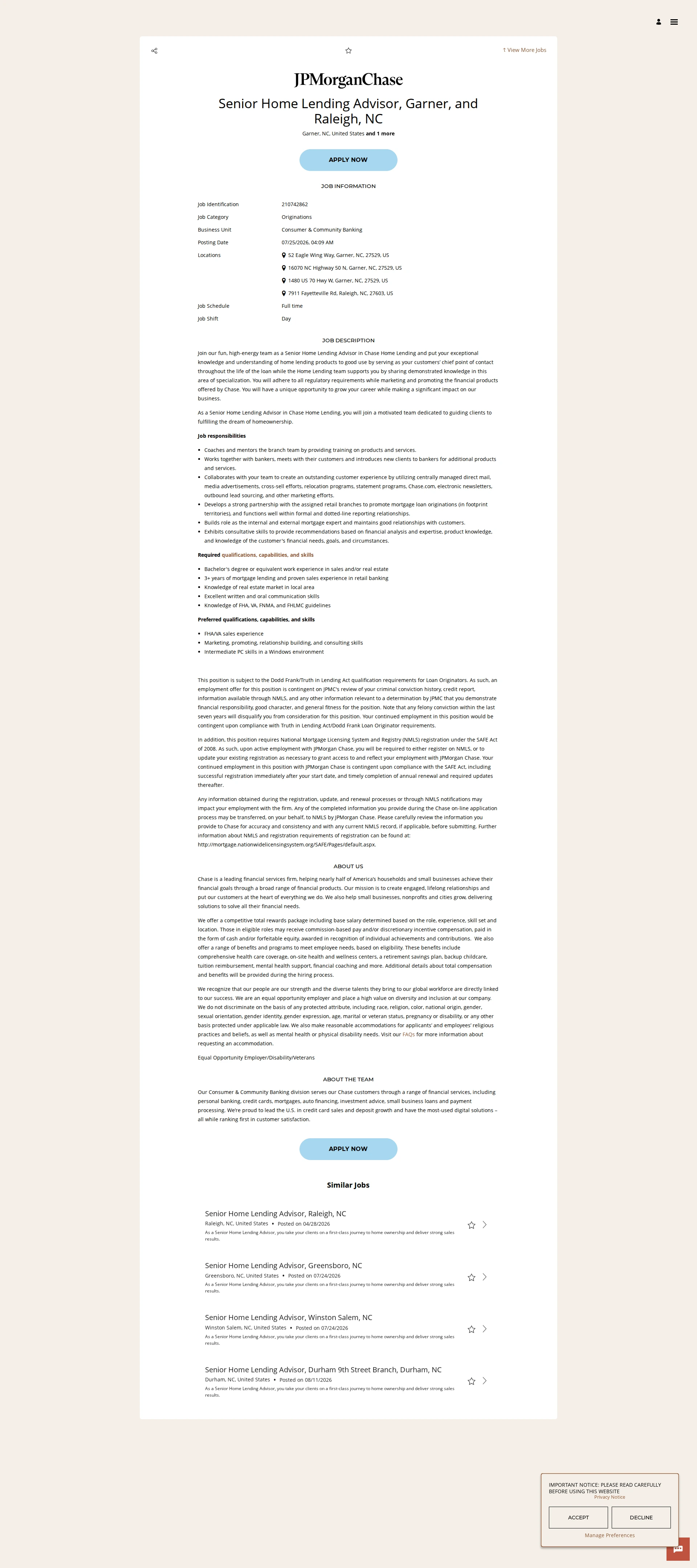 JPMorganChase Senior Home Lending Advisor, Garner, and Raleigh, NC 채용공고