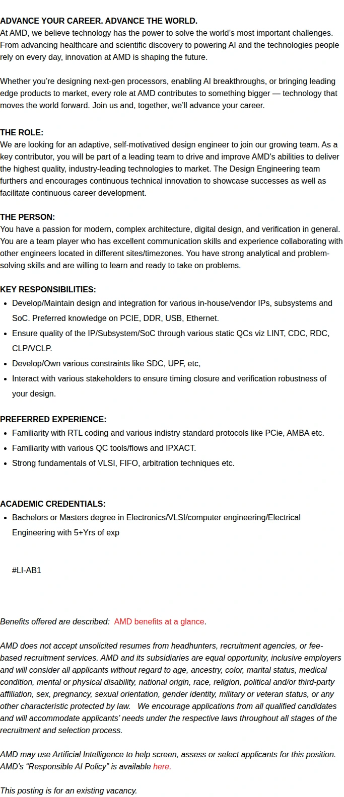 AMD RTL Design Engineer - PCIE, Ethernet, USB and DDR 채용공고