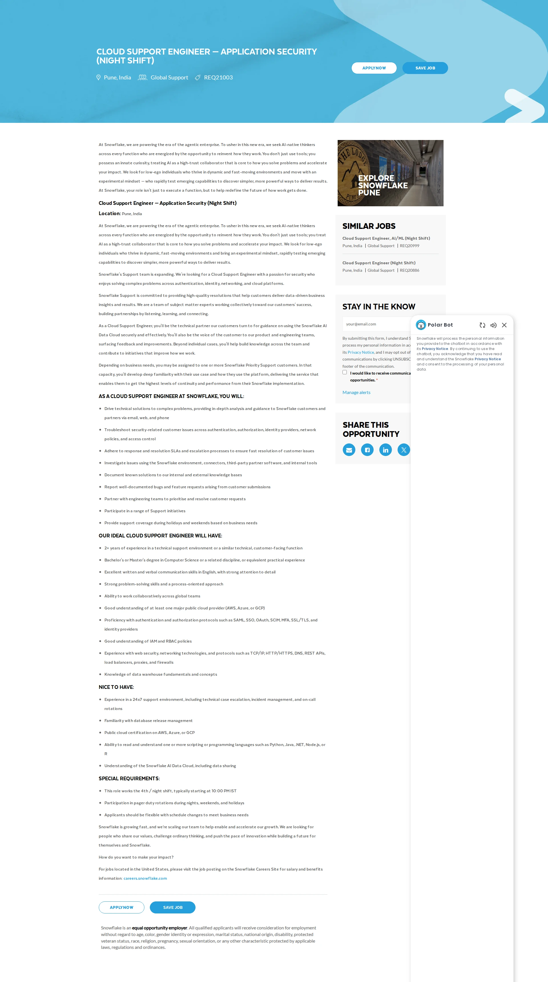 스노우플레이크 Cloud Support Engineer — Application Security (Night Shift) 채용공고