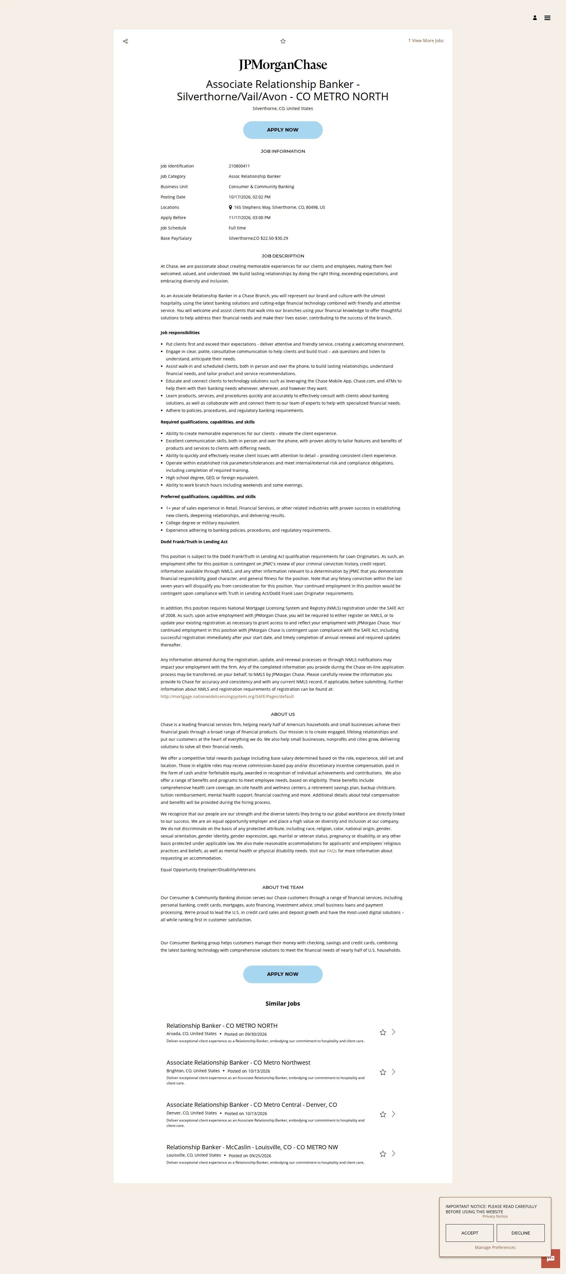 JPMorganChase Associate Relationship Banker - Silverthorne/Vail/Avon - CO METRO NORTH 채용공고