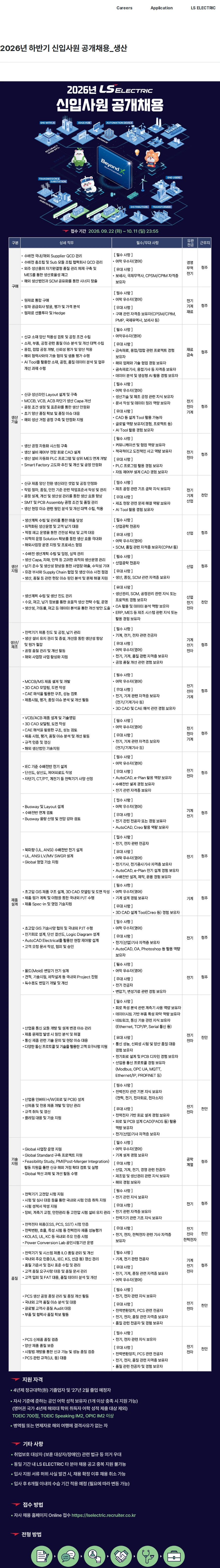 LS일렉트릭 2026년 하반기 신입사원 공개채용_생산 채용공고