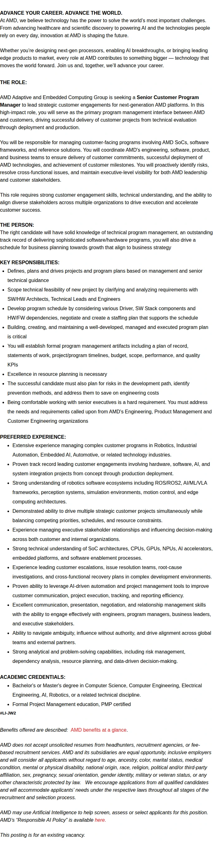 AMD Sr. Customer Program Manager 채용공고