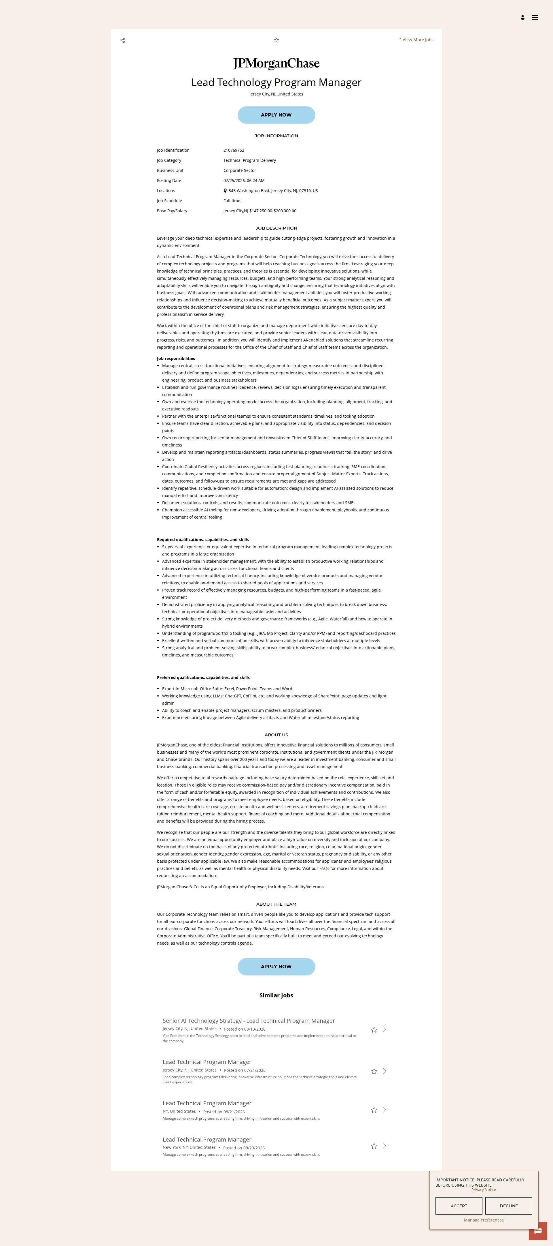 JPMorganChase Lead Technology Program Manager 채용공고