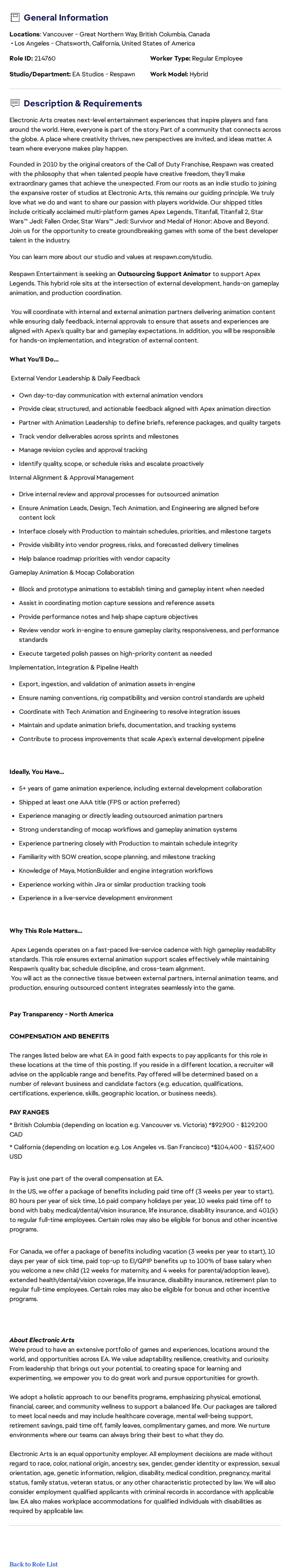 ElectronicArts Outsourcing Support Animator (Apex Legends) 채용공고