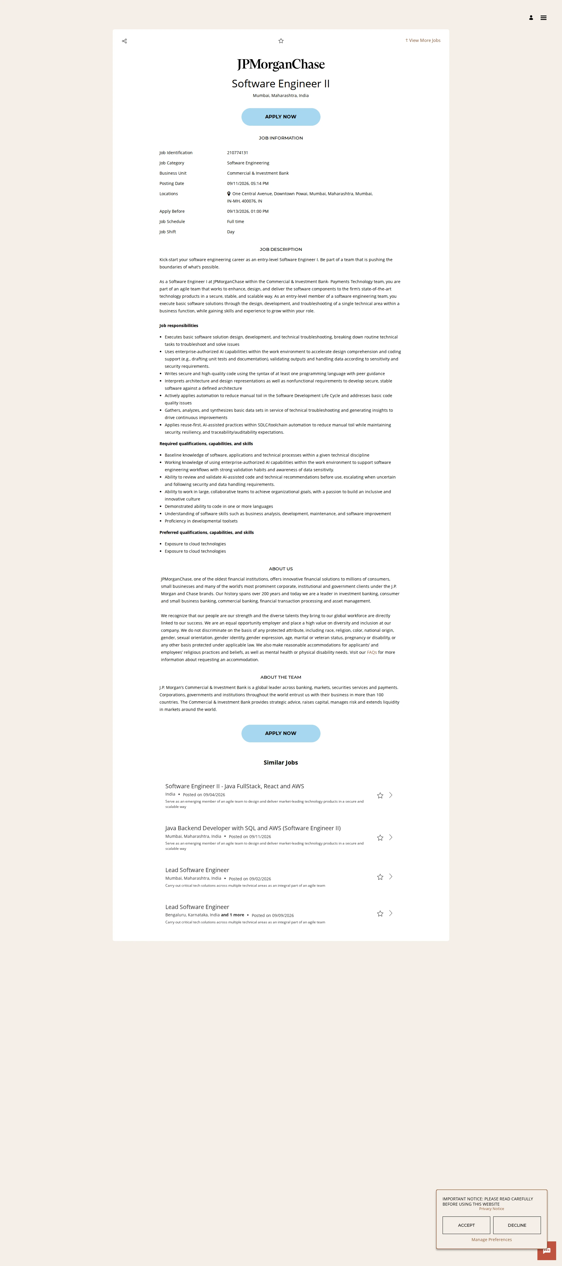 JPMorganChase Software Engineer II 채용공고