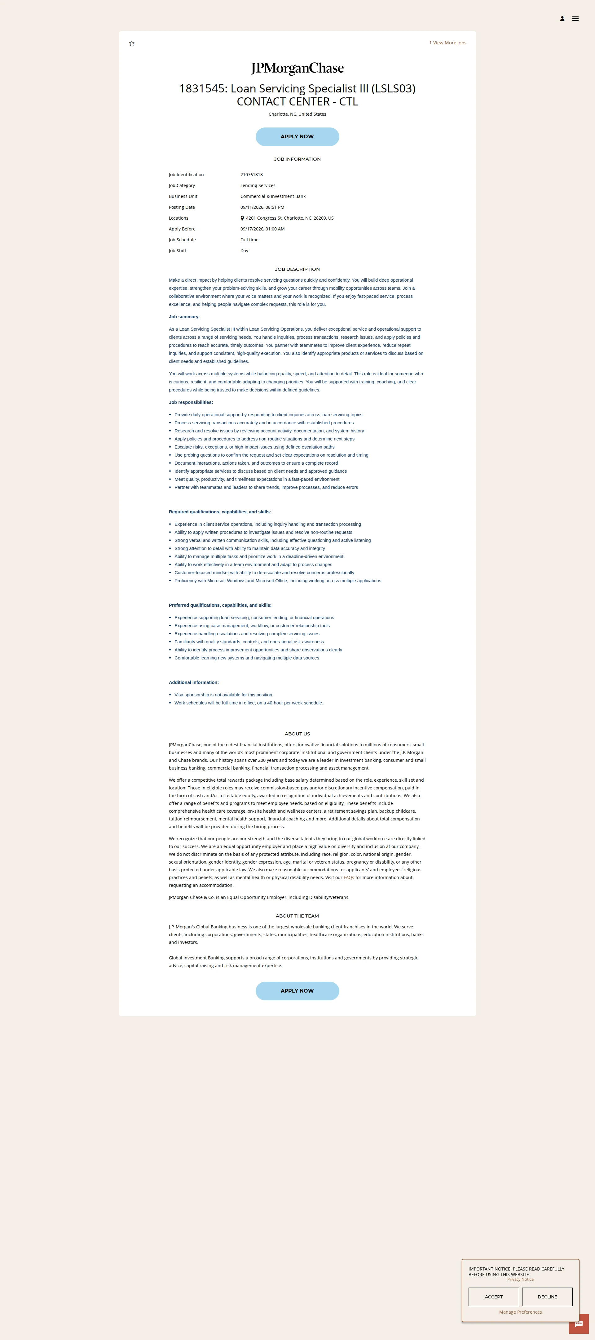 JPMorganChase 1831545: Loan Servicing Specialist III (LSLS03) CONTACT CENTER - CTL 채용공고