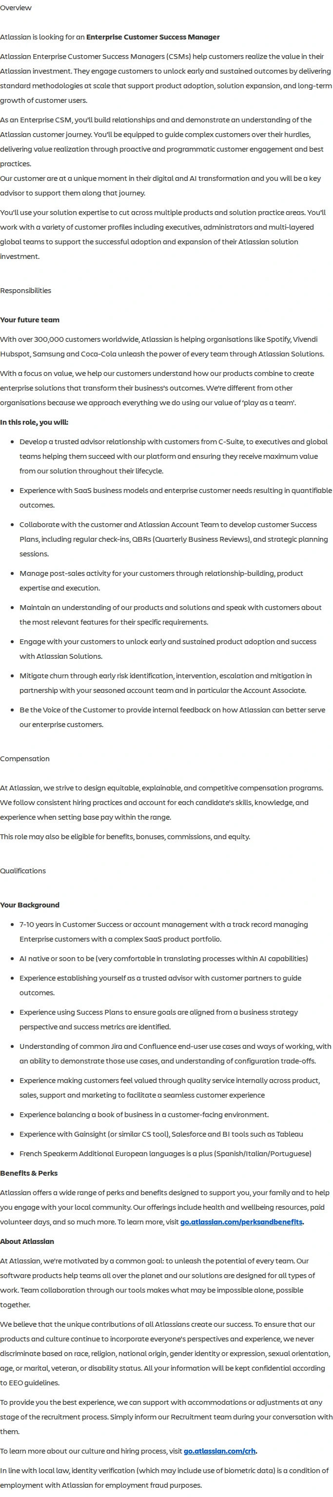 아틀라시안 Senior Customer Success Manager enterprise (French Speaker) 채용공고