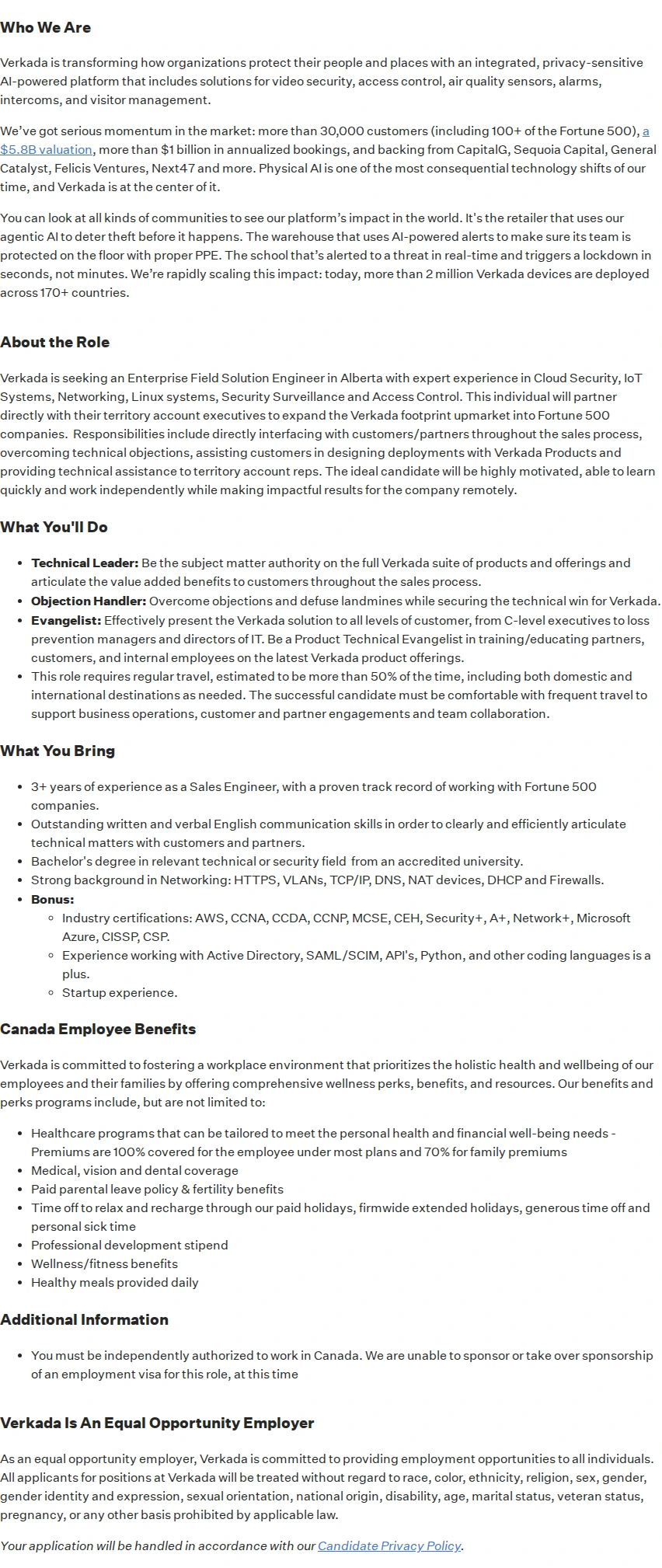 버카다 Enterprise Solutions Engineer, Alberta 채용공고
