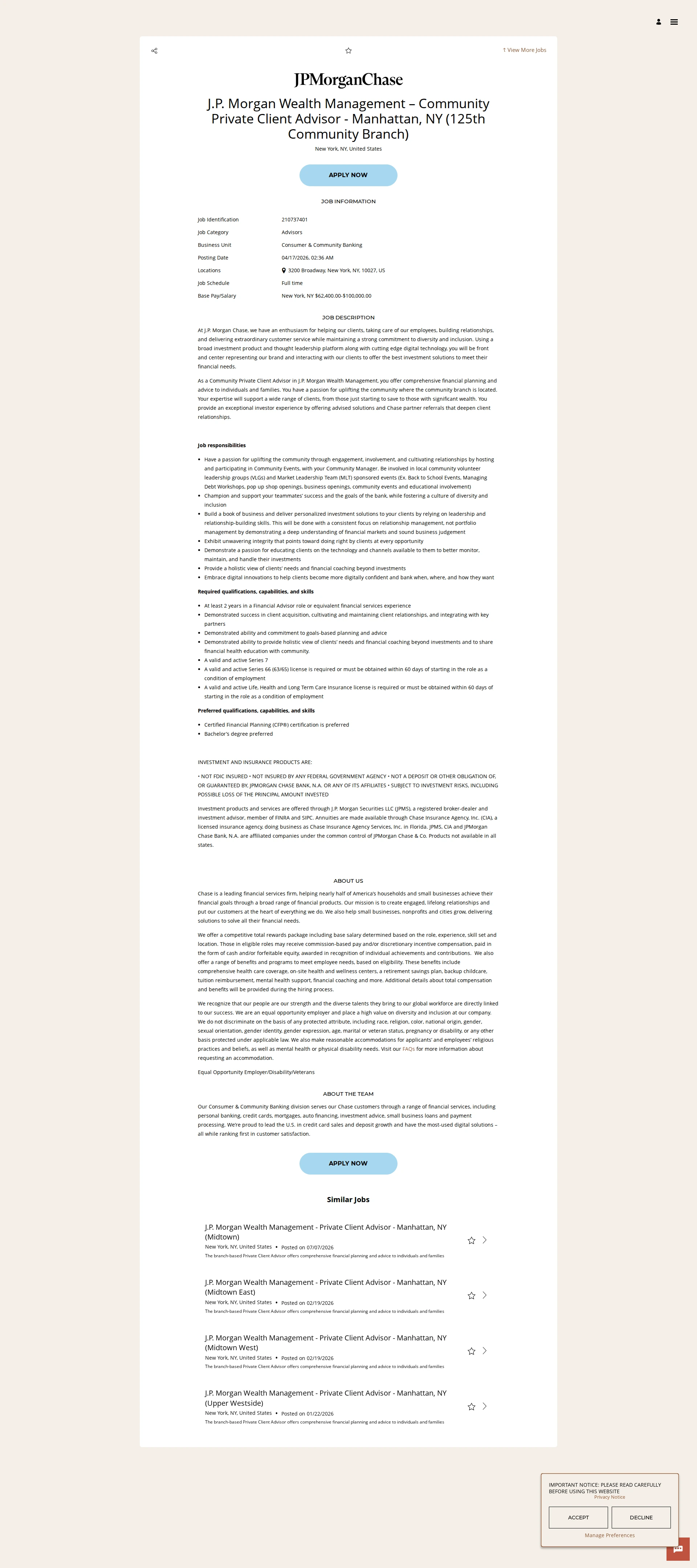 JPMorganChase J.P. Morgan Wealth Management – Community Private Client Advisor - Manhattan, NY (125th Community Branch) 채용공고
