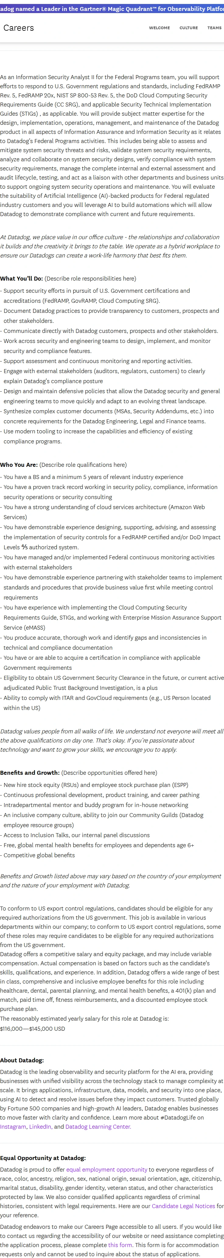 데이터독 Information Security Analyst II - Federal Programs 채용공고