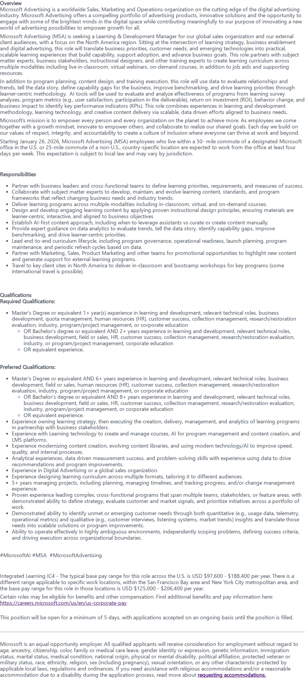 마이크로소프트(Microsoft) Learning & Development Manager 채용공고