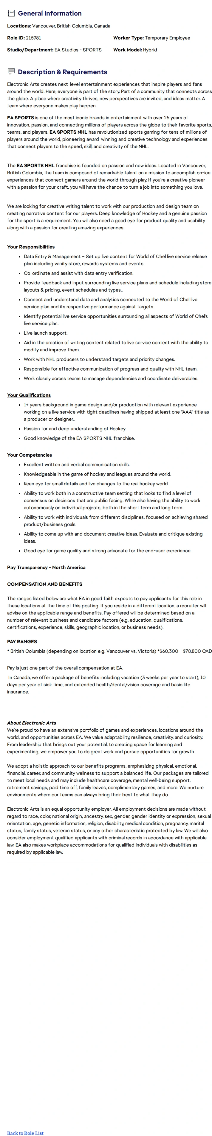 ElectronicArts Assistant Game Designer - NHL 채용공고