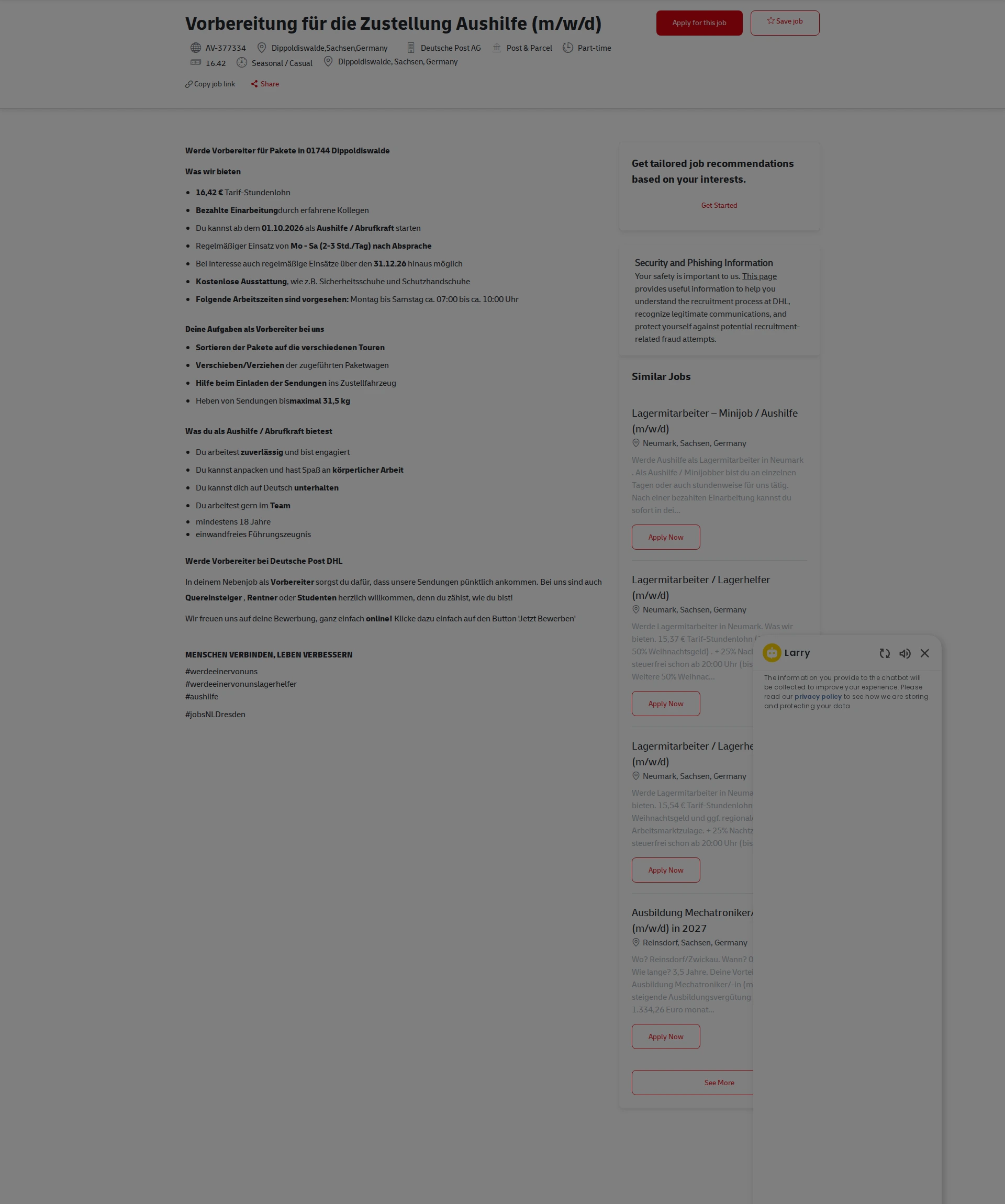 DHL Vorbereitung für die Zustellung Aushilfe (m/w/d) 채용공고