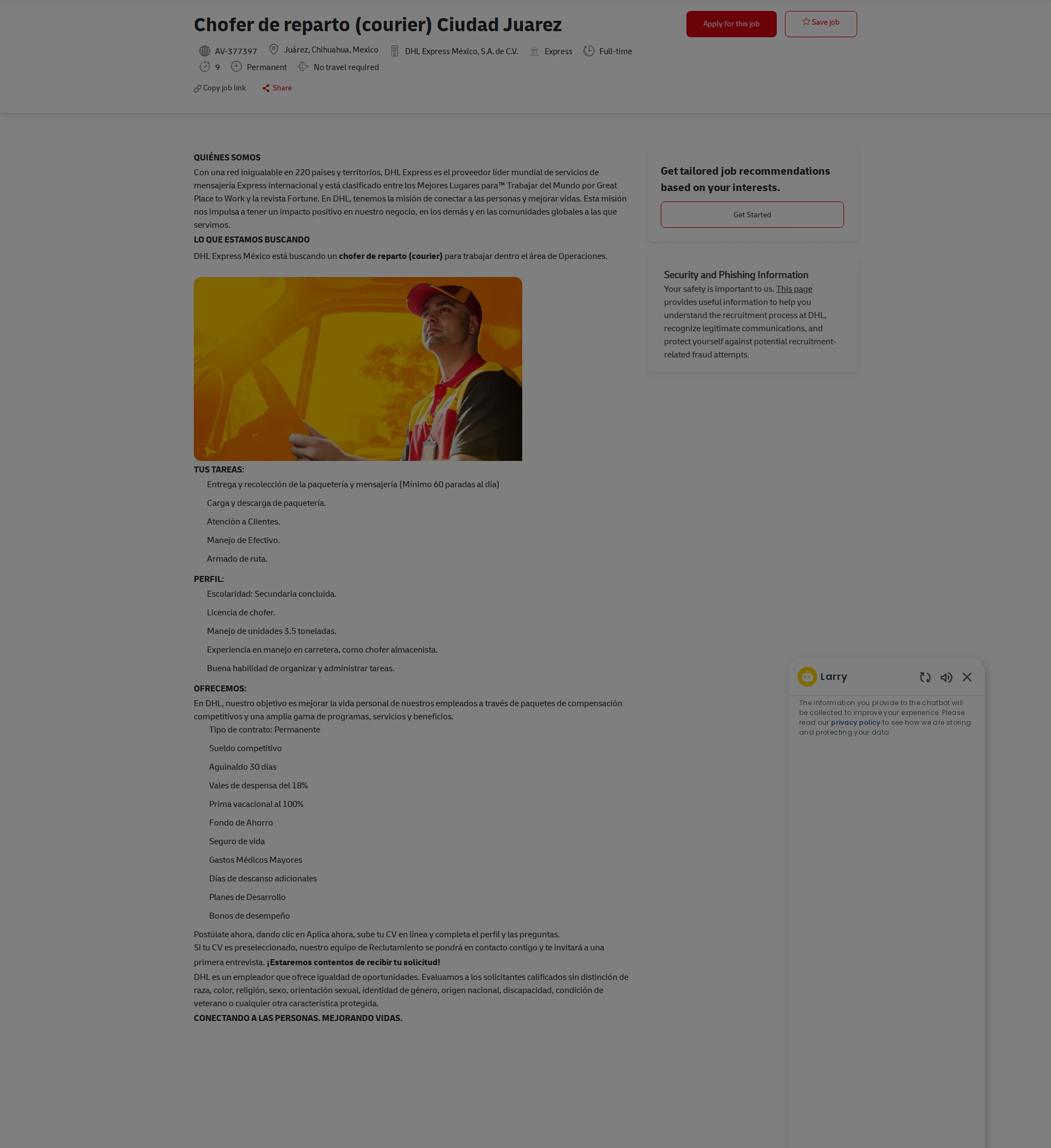 DHL Chofer de reparto (courier) Ciudad Juarez 채용공고