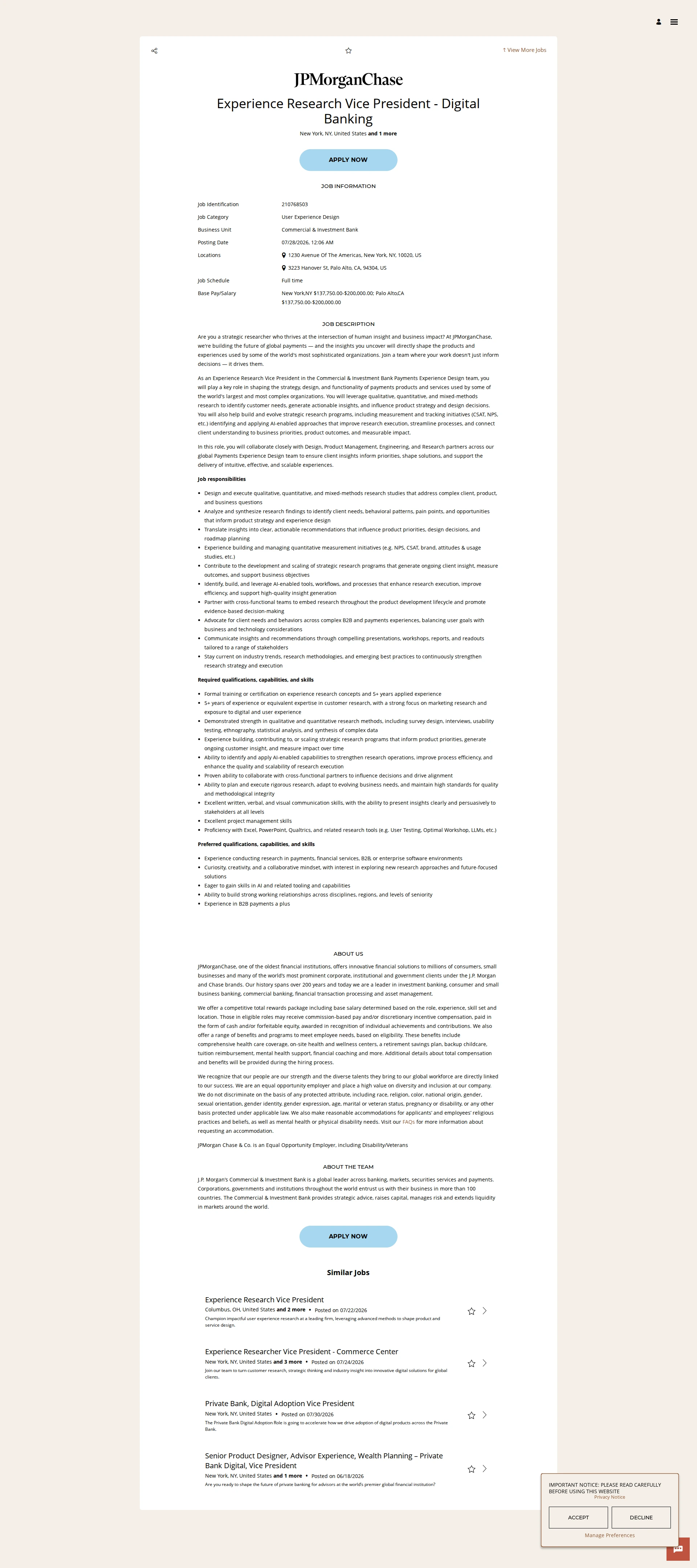 JPMorganChase Experience Research Vice President - Digital Banking 채용공고