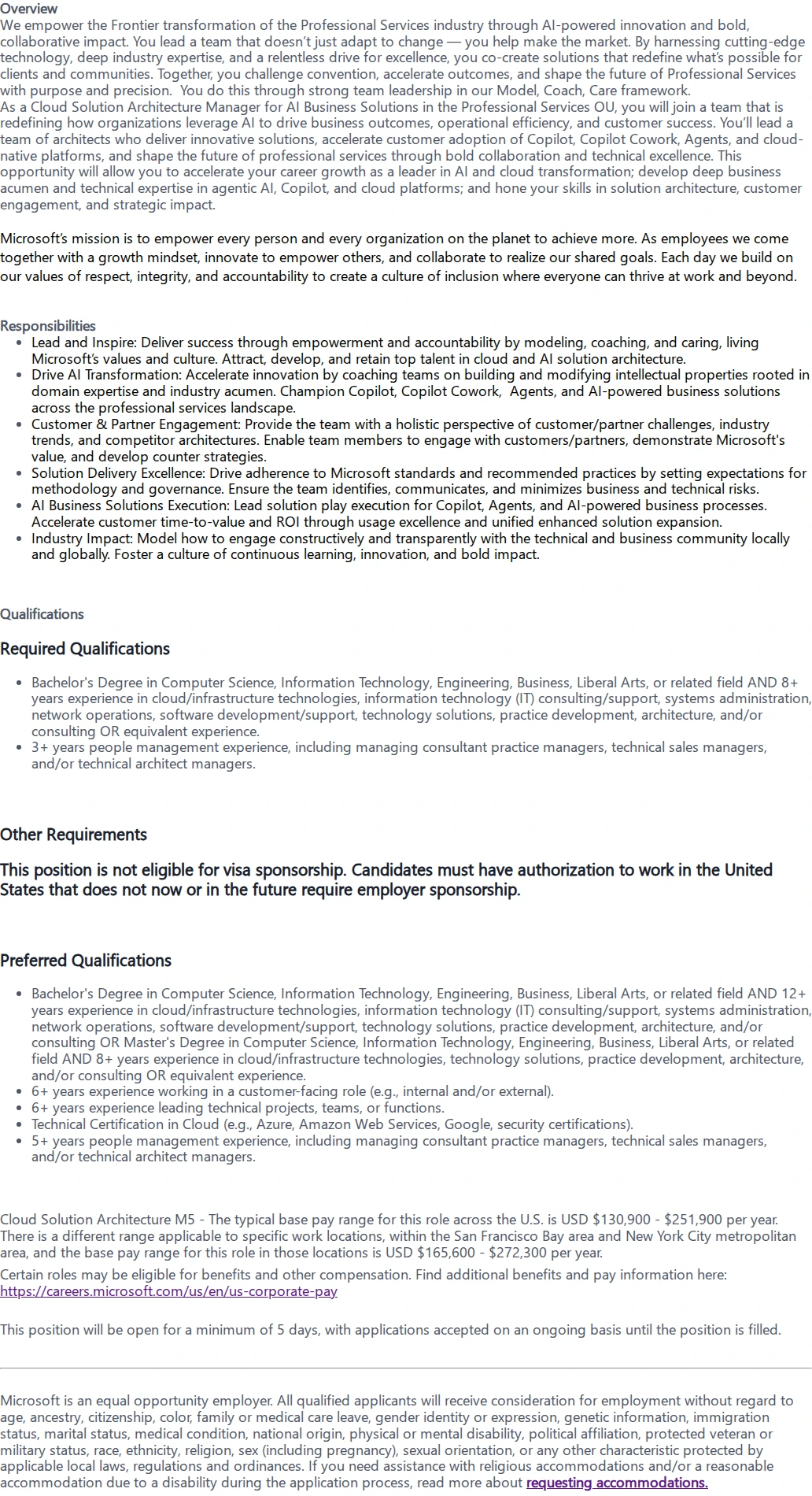 마이크로소프트(Microsoft) Cloud Solution Architect Manager 채용공고