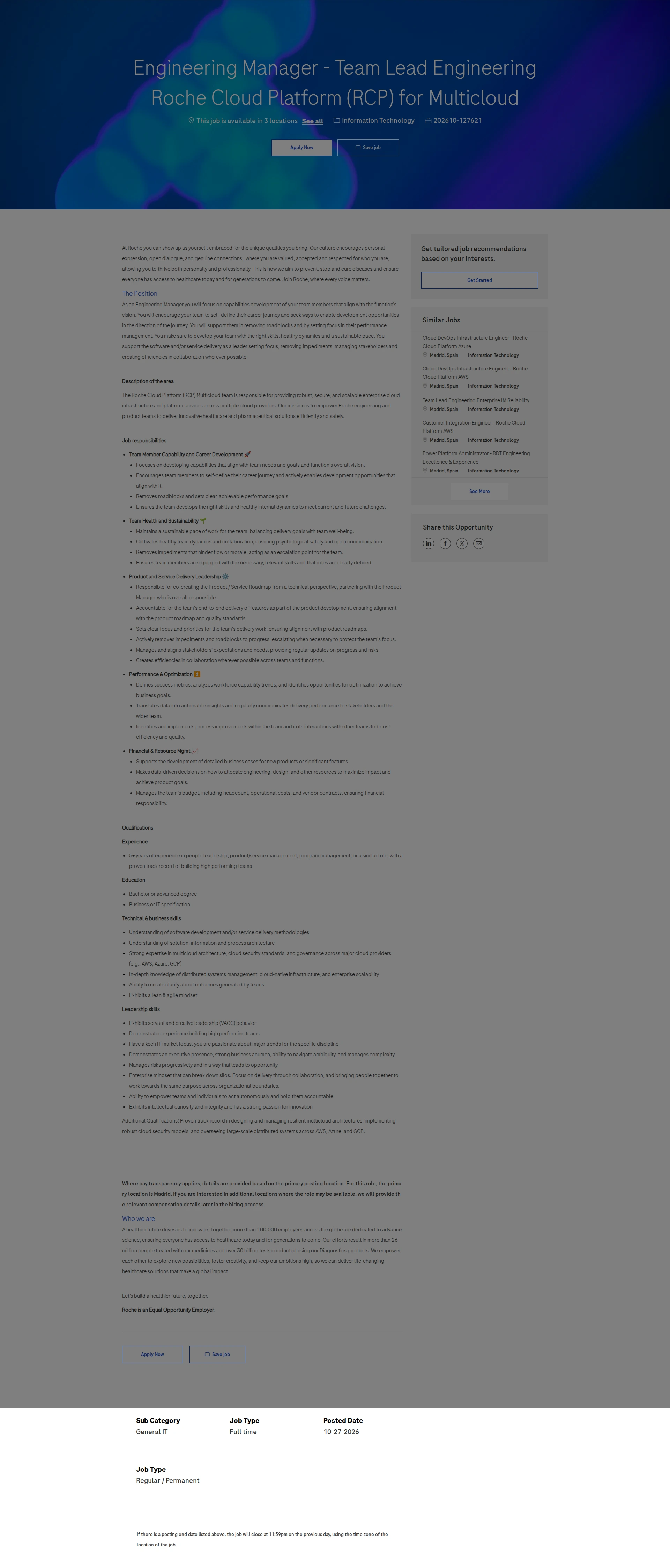 로슈 Engineering Manager - Team Lead Engineering Roche Cloud Platform (RCP) for Multicloud 채용공고