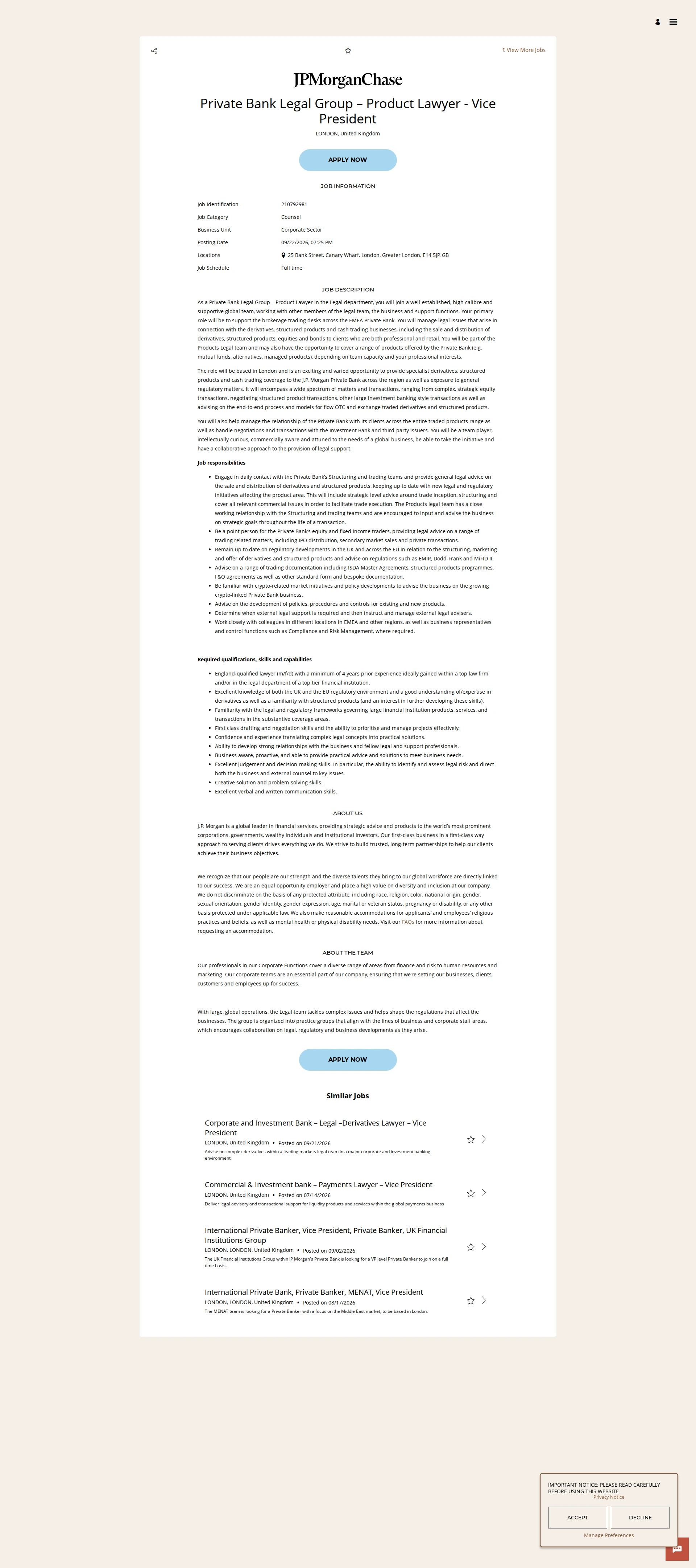 JPMorganChase Private Bank Legal Group – Product Lawyer - Vice President 채용공고