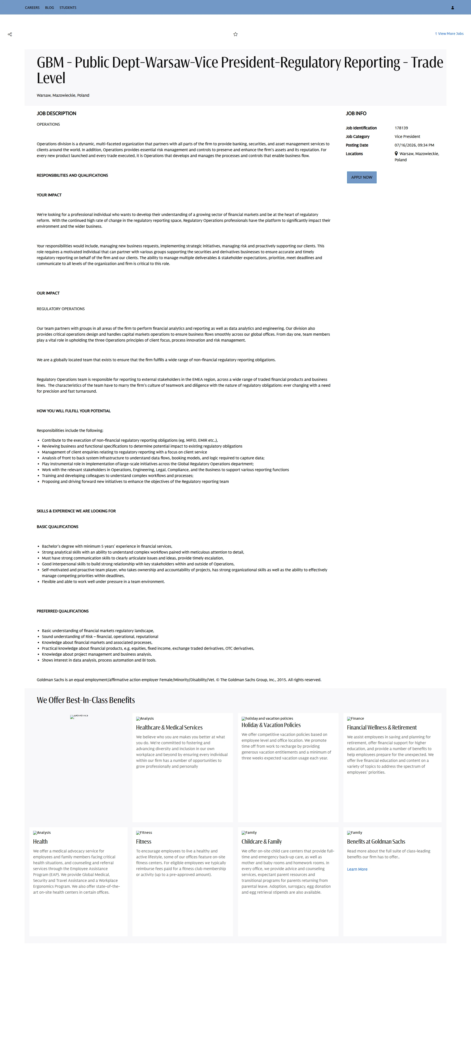 골드만삭스 GBM - Public Dept-Warsaw-Vice President-Regulatory Reporting - Trade Level 채용공고