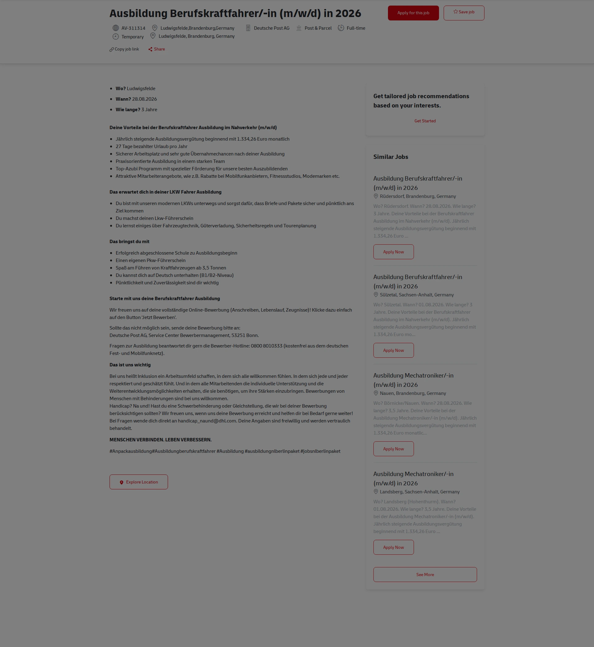 DHL Ausbildung Berufskraftfahrer/-in (m/w/d) in 2026 채용공고