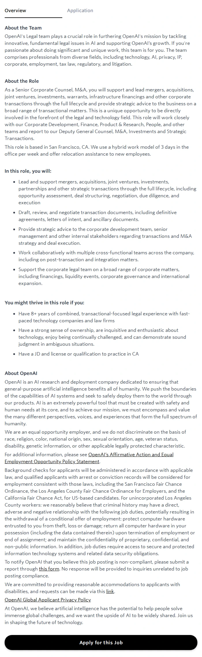 오픈에이아이(OpenAI) Senior Counsel, Corporate (M&A) 채용공고