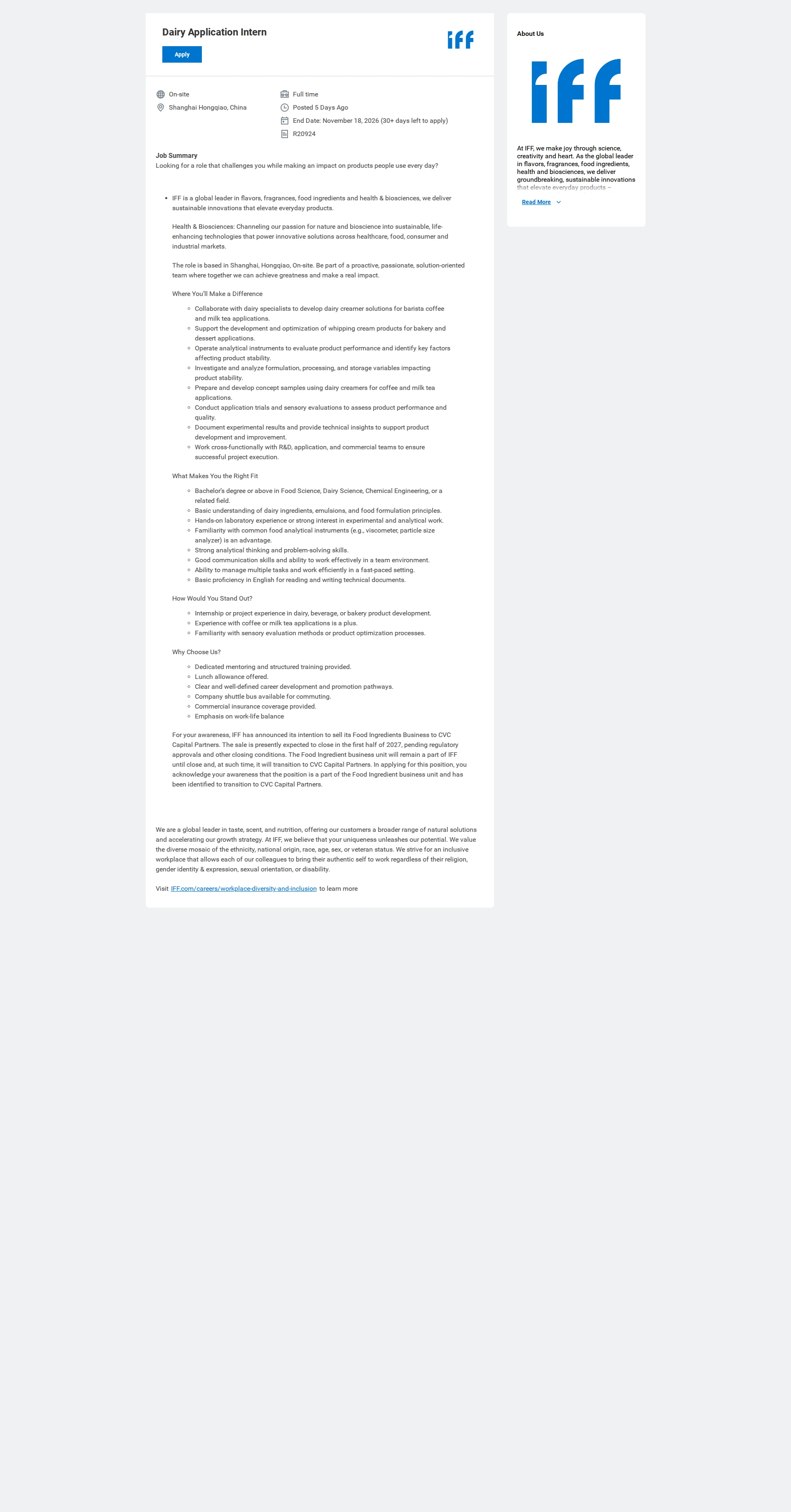 IFF Dairy Application Intern 채용공고