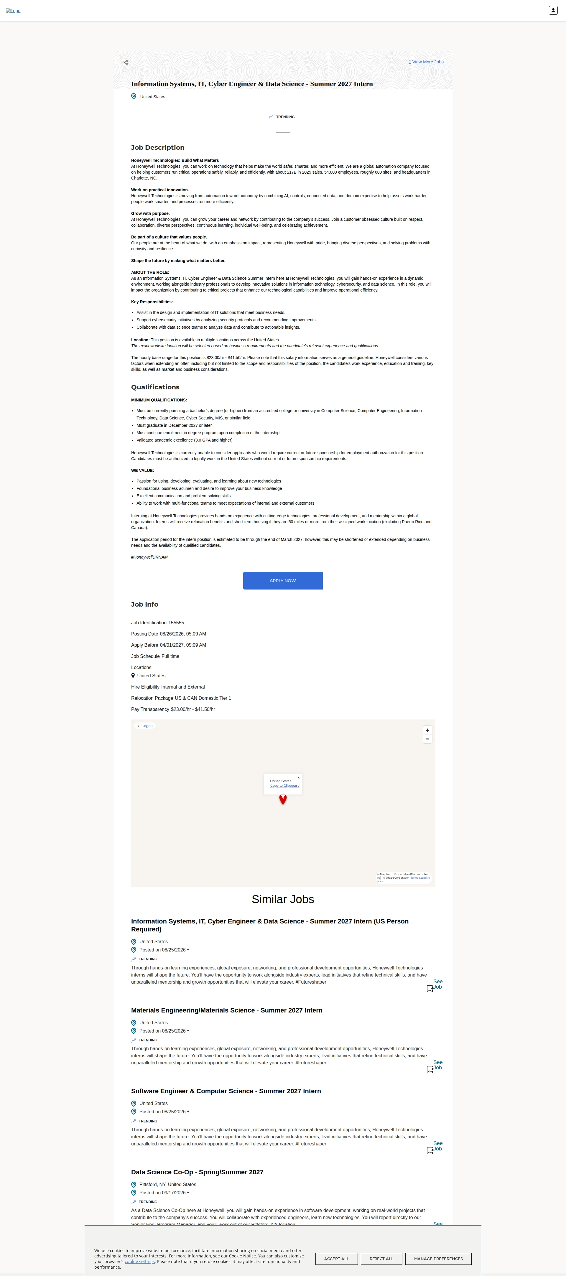 허니웰 Information Systems, IT, Cyber Engineer & Data Science - Summer 2027 Intern 채용공고