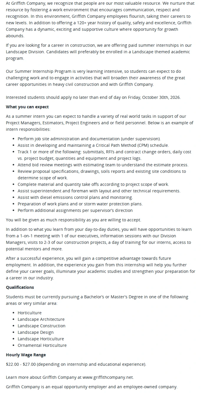 Griffith Company Summer Intern (Landscape Division) - 2027 채용공고