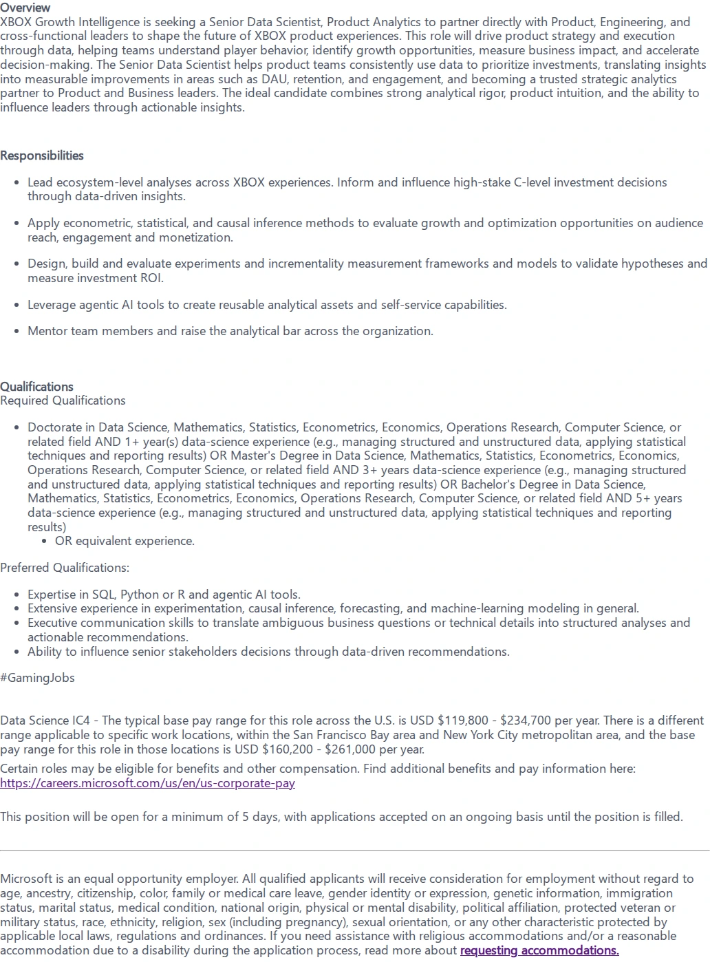 마이크로소프트(Microsoft) Senior Data Scientist - Product Analytics - XBOX Growth 채용공고