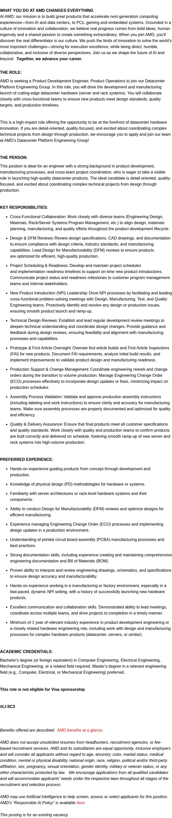 AMD Product Development Engineer, Product Operations 채용공고