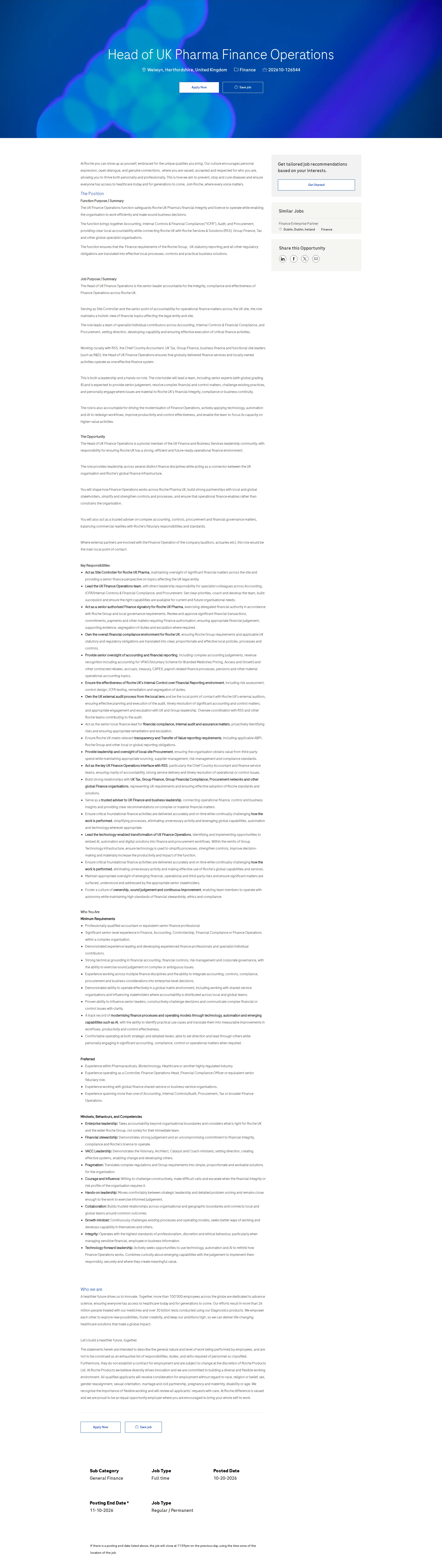 로슈 Head of UK Pharma Finance Operations 채용공고