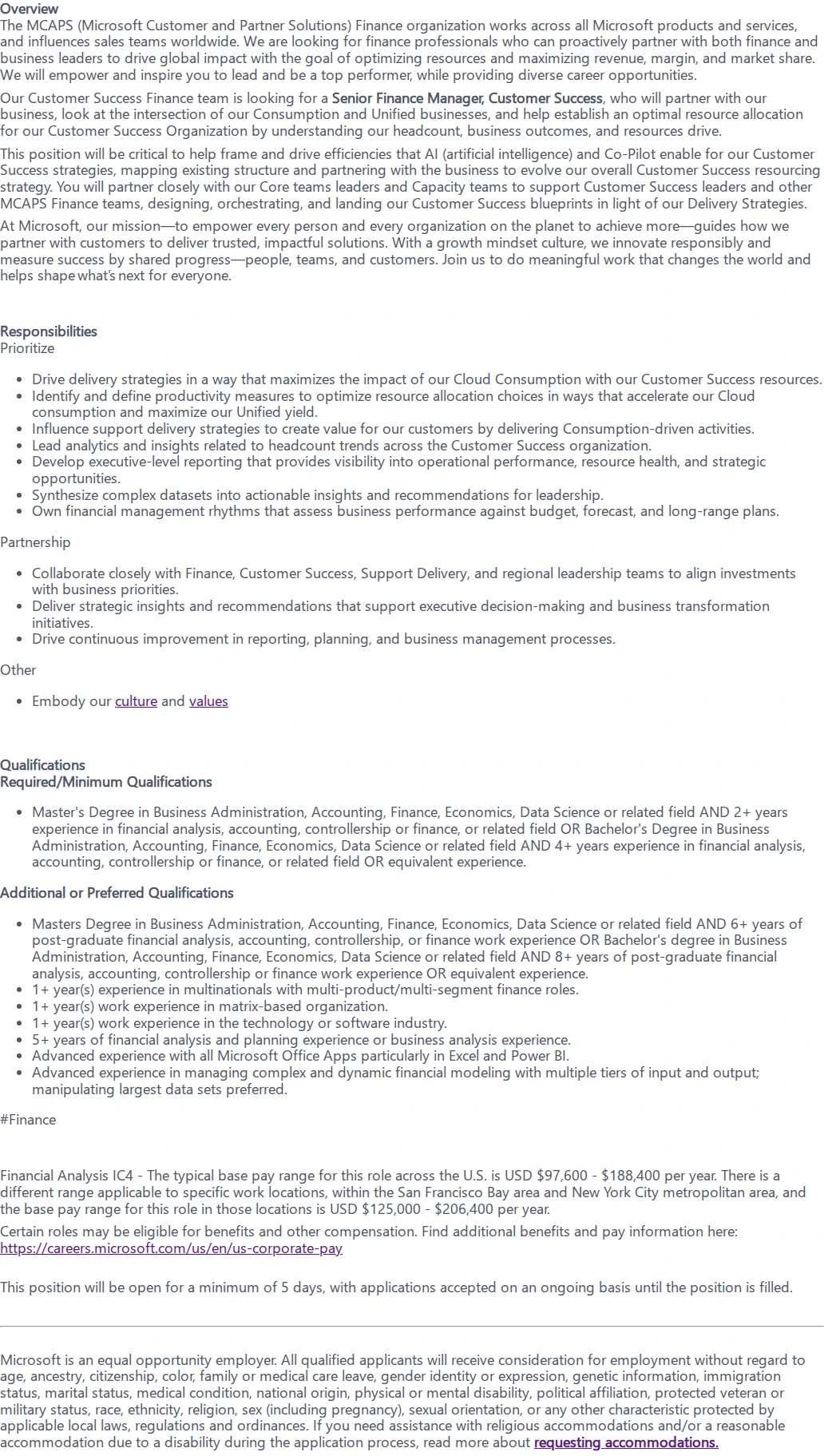 마이크로소프트(Microsoft) Senior Finance Manager, Customer Success 채용공고