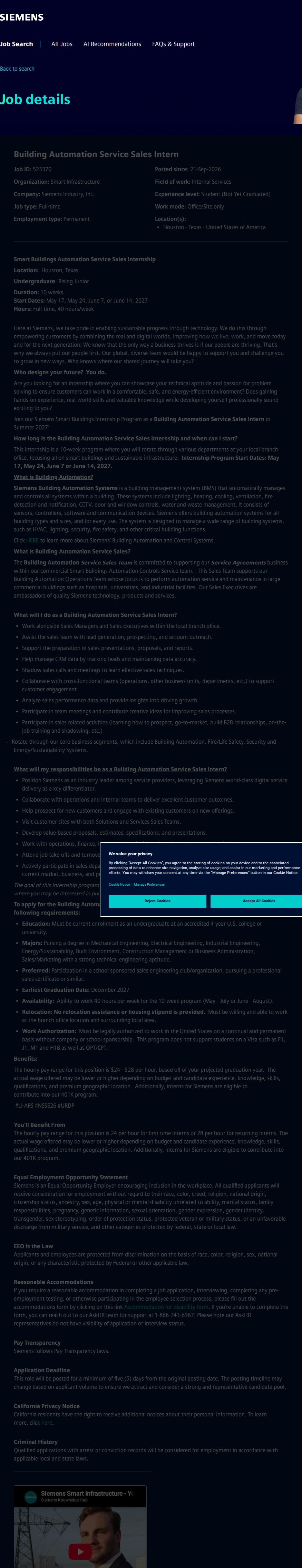 지멘스 Building Automation Service Sales Intern 채용공고
